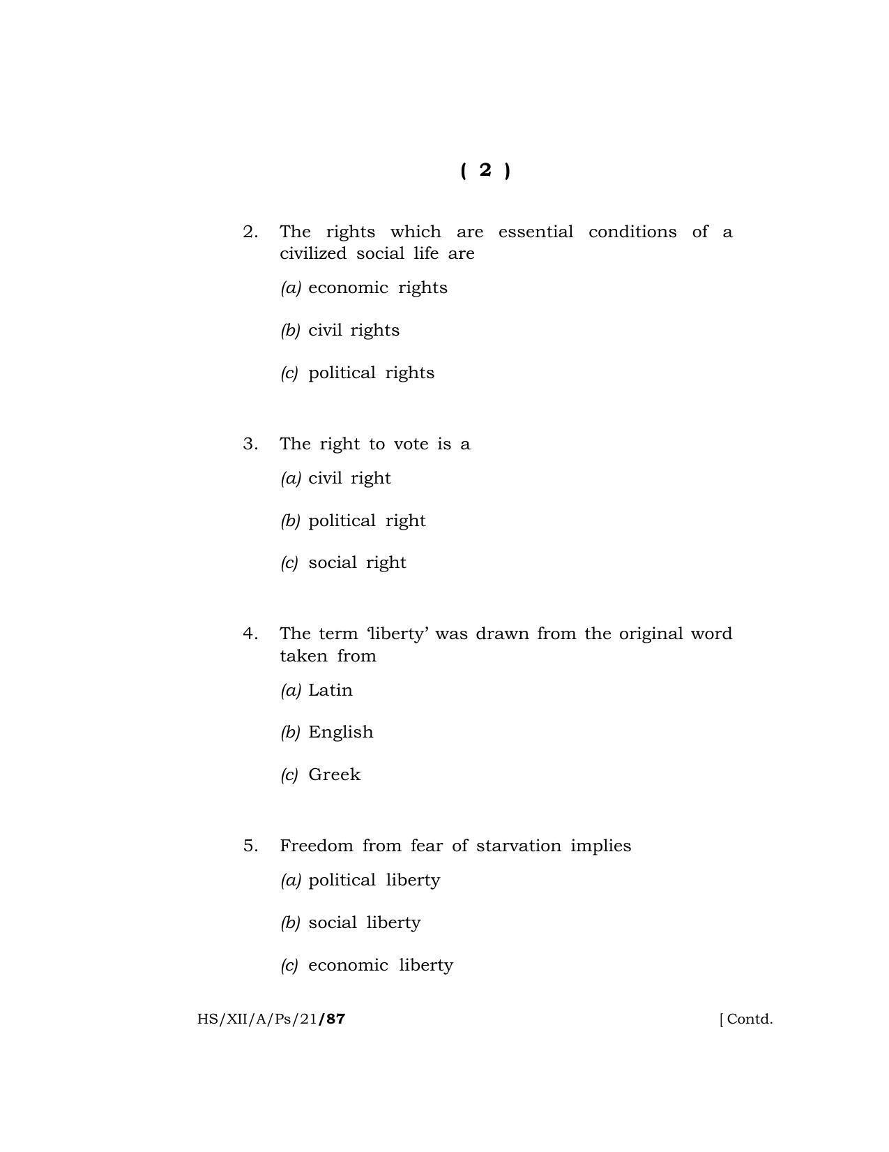 Meghalaya Board (MBOSE) Class 12 POLITICAL SCIENCE  (HS-XII-A-Ps-21) 2021 Question Paper - Page 2