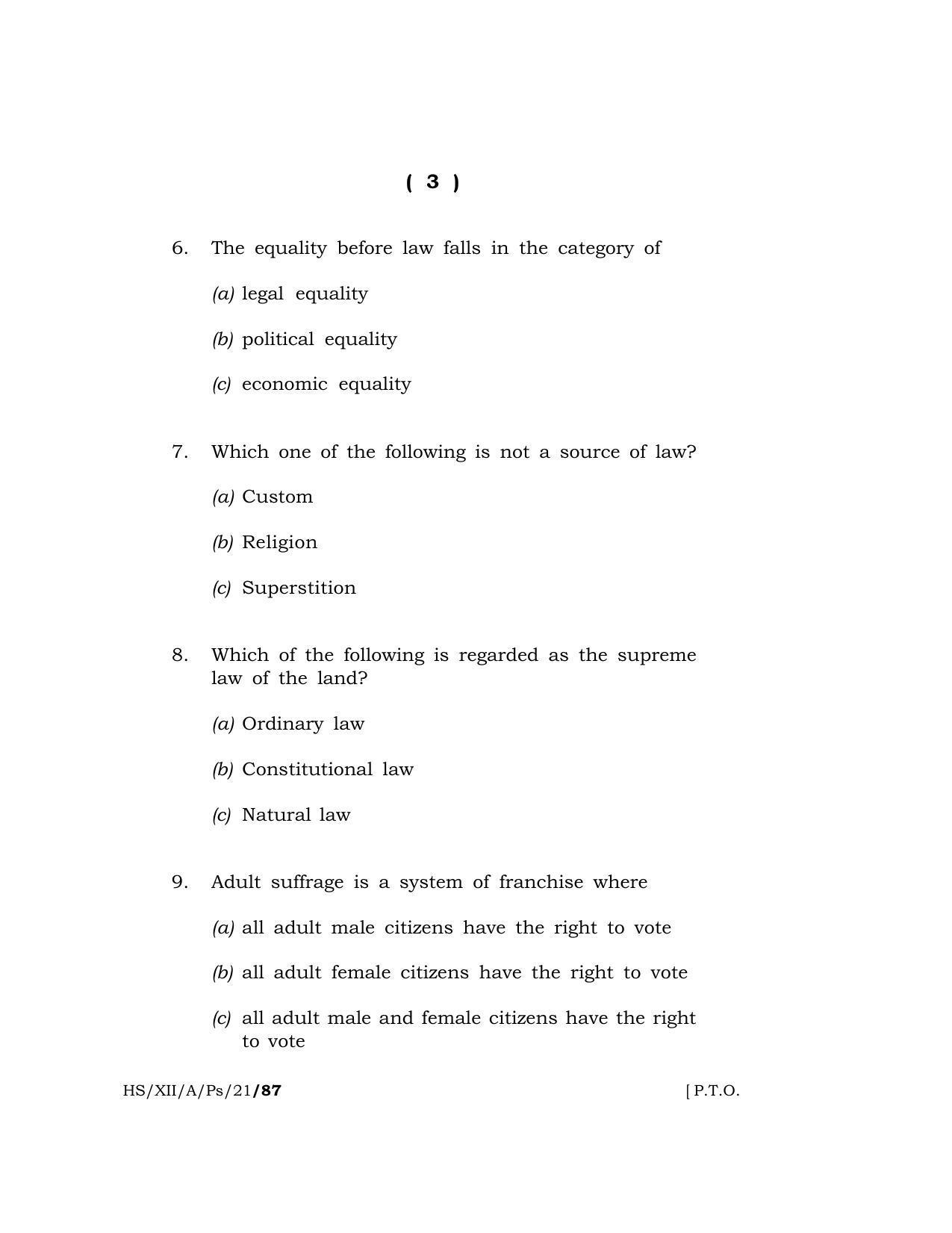 Meghalaya Board (MBOSE) Class 12 POLITICAL SCIENCE  (HS-XII-A-Ps-21) 2021 Question Paper - Page 3