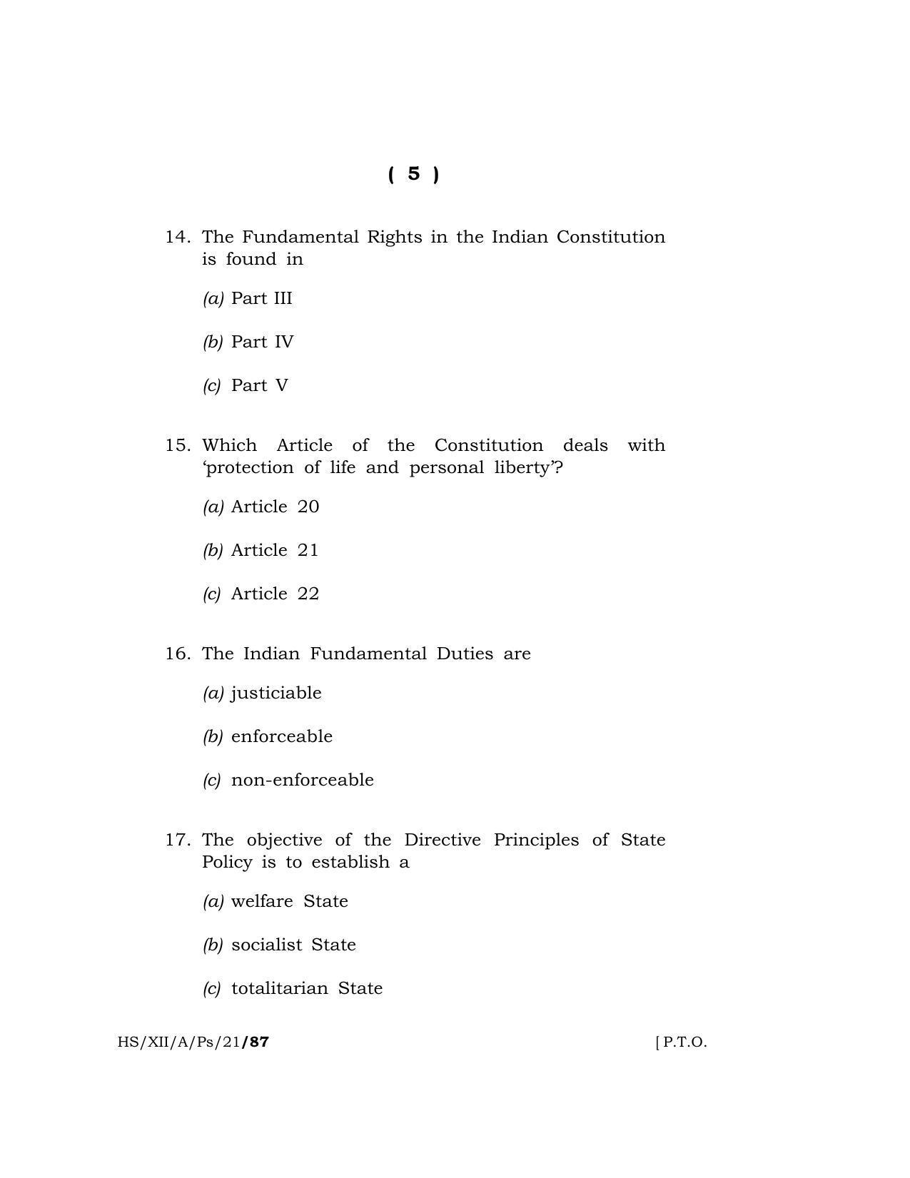 Meghalaya Board (MBOSE) Class 12 POLITICAL SCIENCE  (HS-XII-A-Ps-21) 2021 Question Paper - Page 5