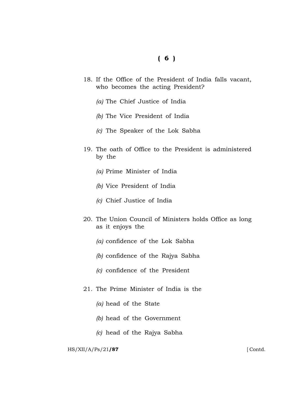 Meghalaya Board (MBOSE) Class 12 POLITICAL SCIENCE  (HS-XII-A-Ps-21) 2021 Question Paper - Page 6