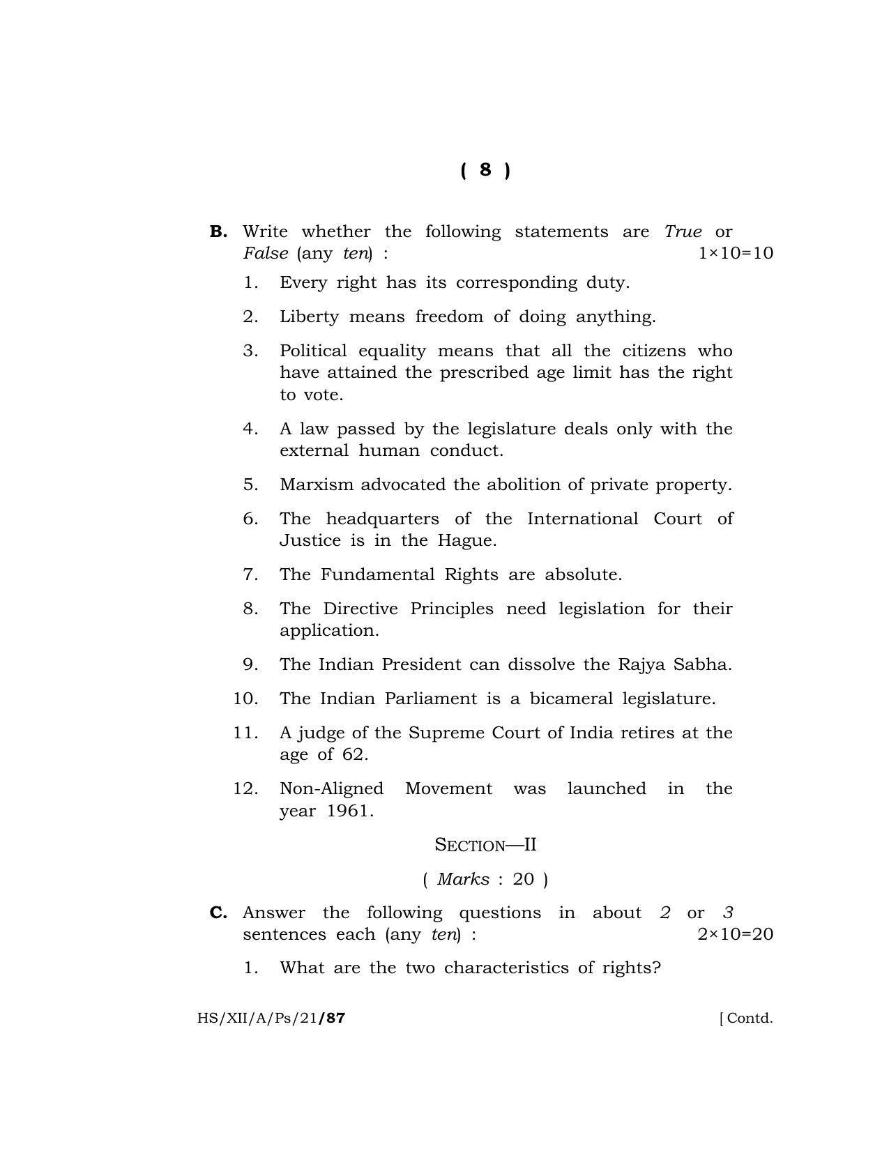 Meghalaya Board (MBOSE) Class 12 POLITICAL SCIENCE  (HS-XII-A-Ps-21) 2021 Question Paper - Page 8