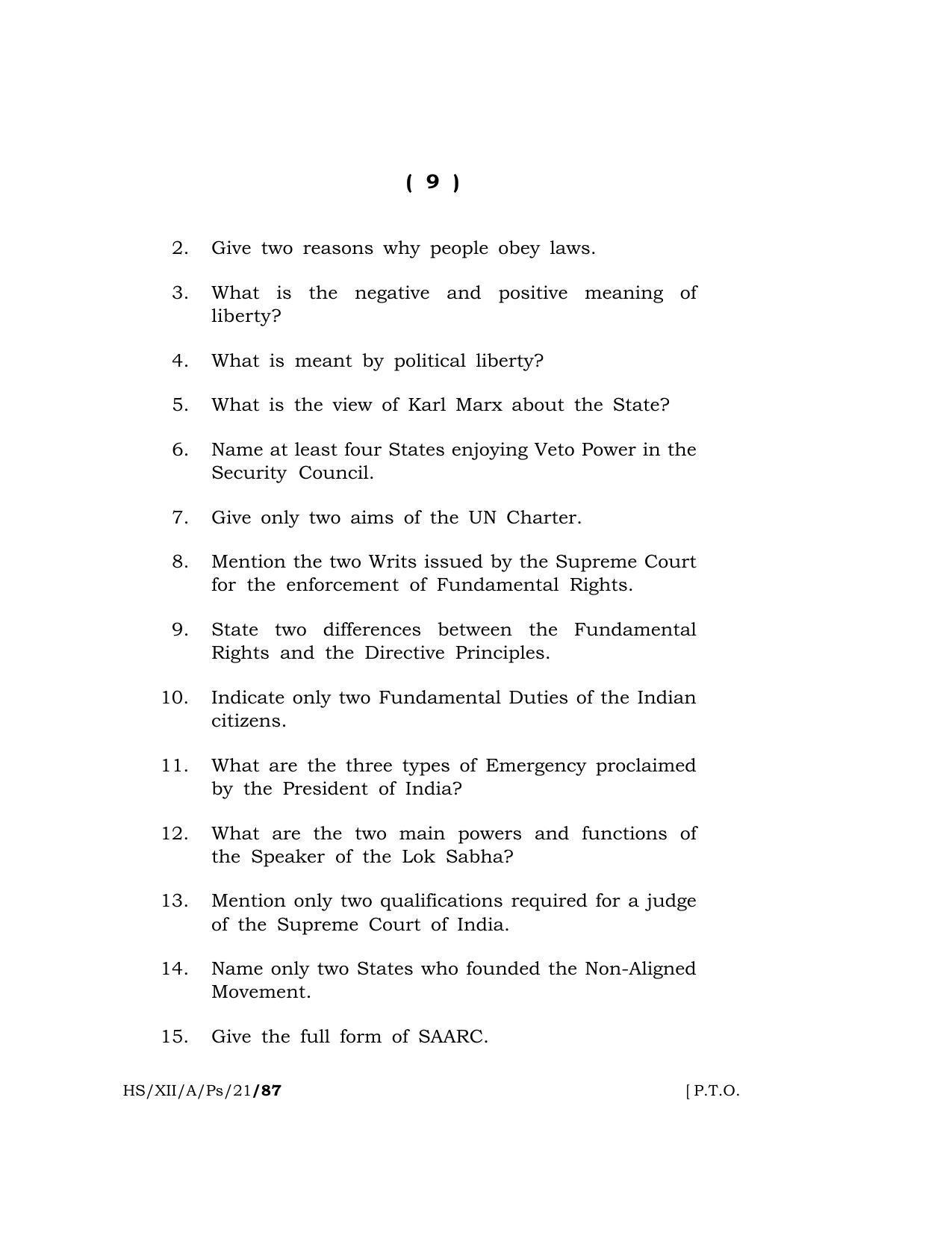 Meghalaya Board (MBOSE) Class 12 POLITICAL SCIENCE  (HS-XII-A-Ps-21) 2021 Question Paper - Page 9