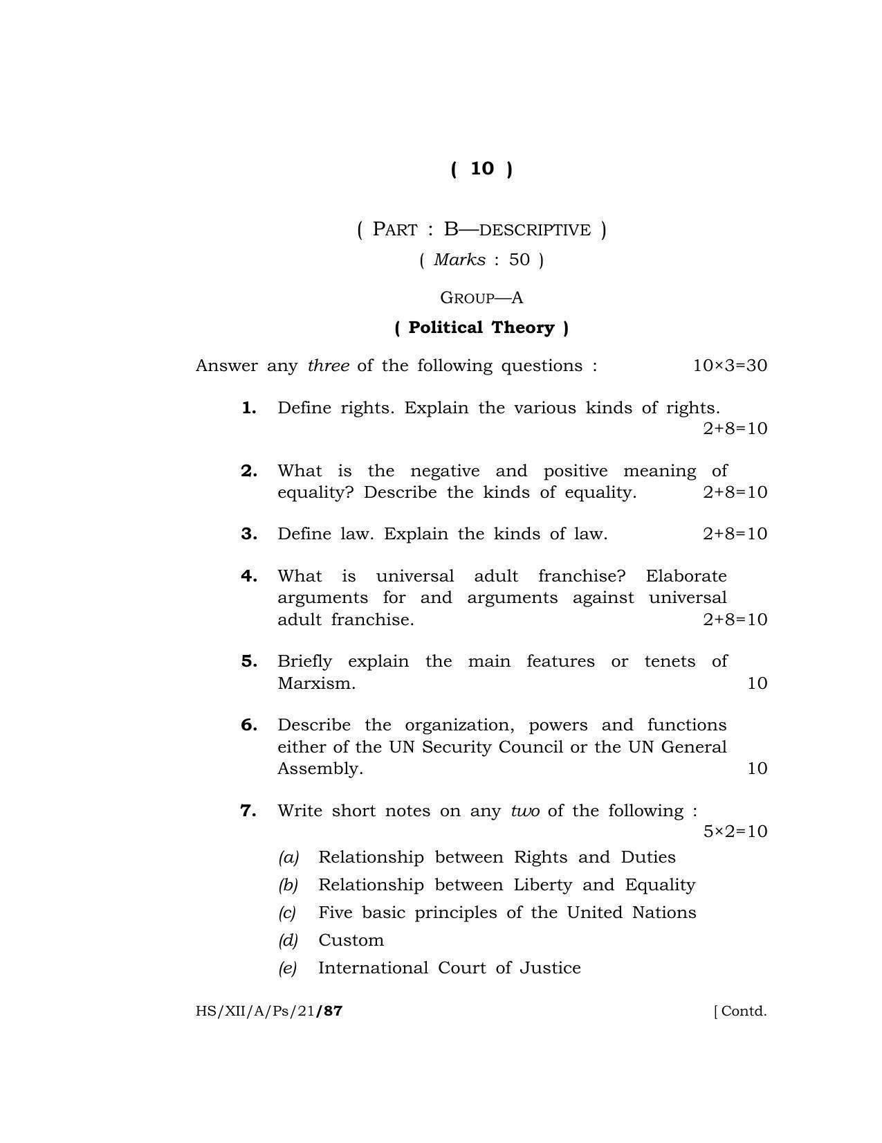 Meghalaya Board (MBOSE) Class 12 POLITICAL SCIENCE  (HS-XII-A-Ps-21) 2021 Question Paper - Page 10