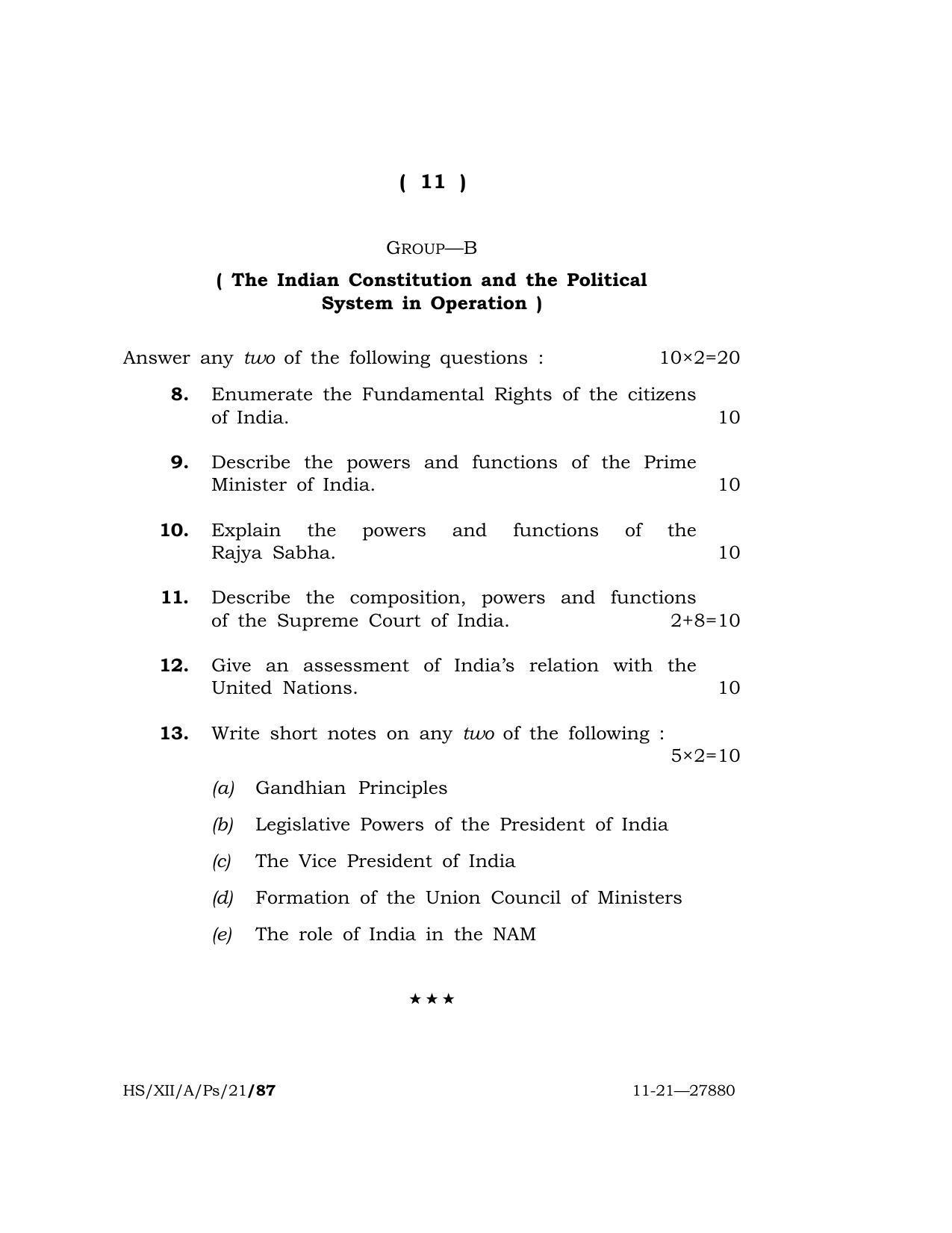 Meghalaya Board (MBOSE) Class 12 POLITICAL SCIENCE  (HS-XII-A-Ps-21) 2021 Question Paper - Page 11