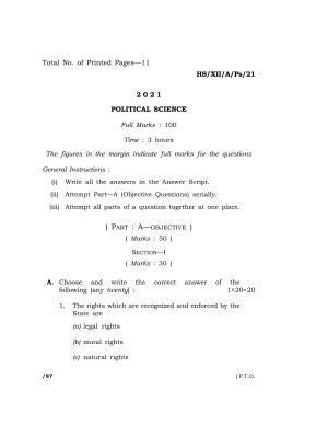 Meghalaya Board (MBOSE) Class 12 POLITICAL SCIENCE  (HS-XII-A-Ps-21) 2021 Question Paper