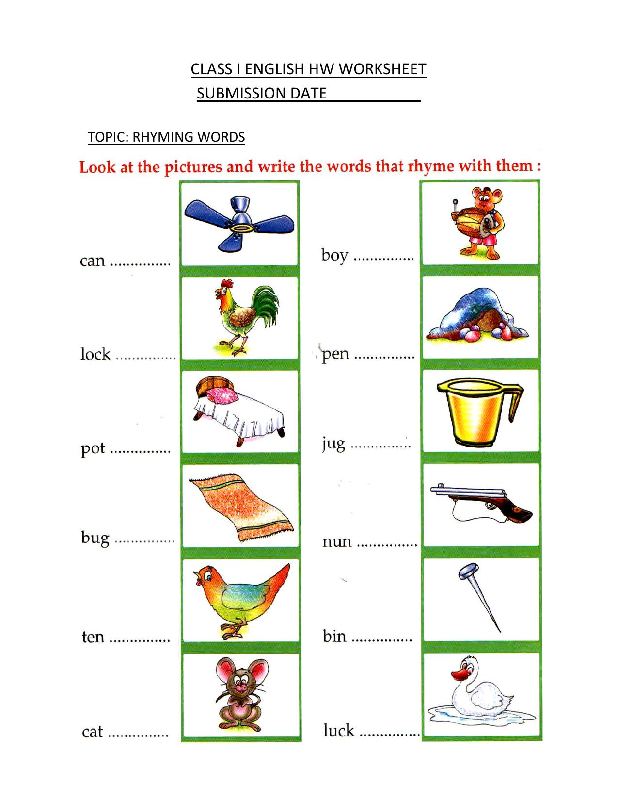 Worksheet for Class 1 English Assignment 59 Rhyming Words - Page 1