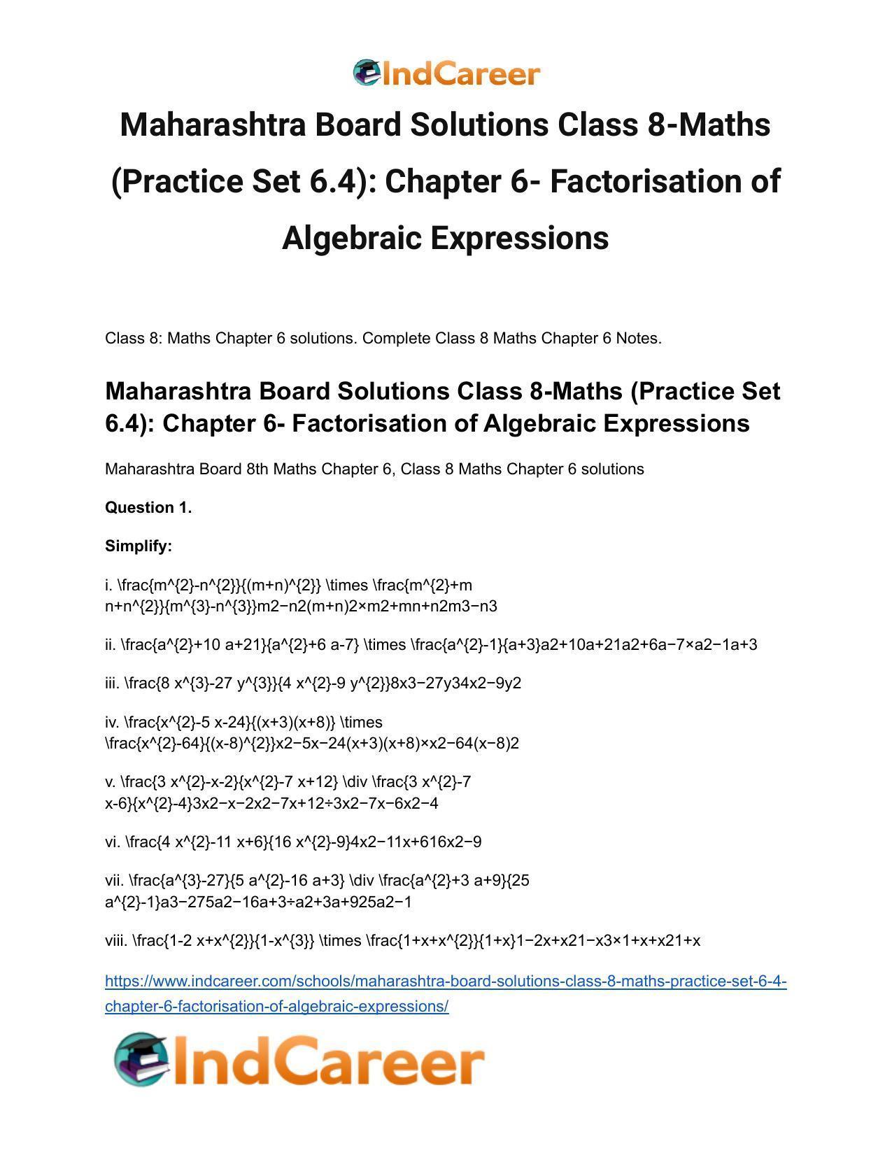 Maharashtra Board Solutions Class 8-Maths (Practice Set 6.4): Chapter 6- Factorisation of Algebraic Expressions - Page 2
