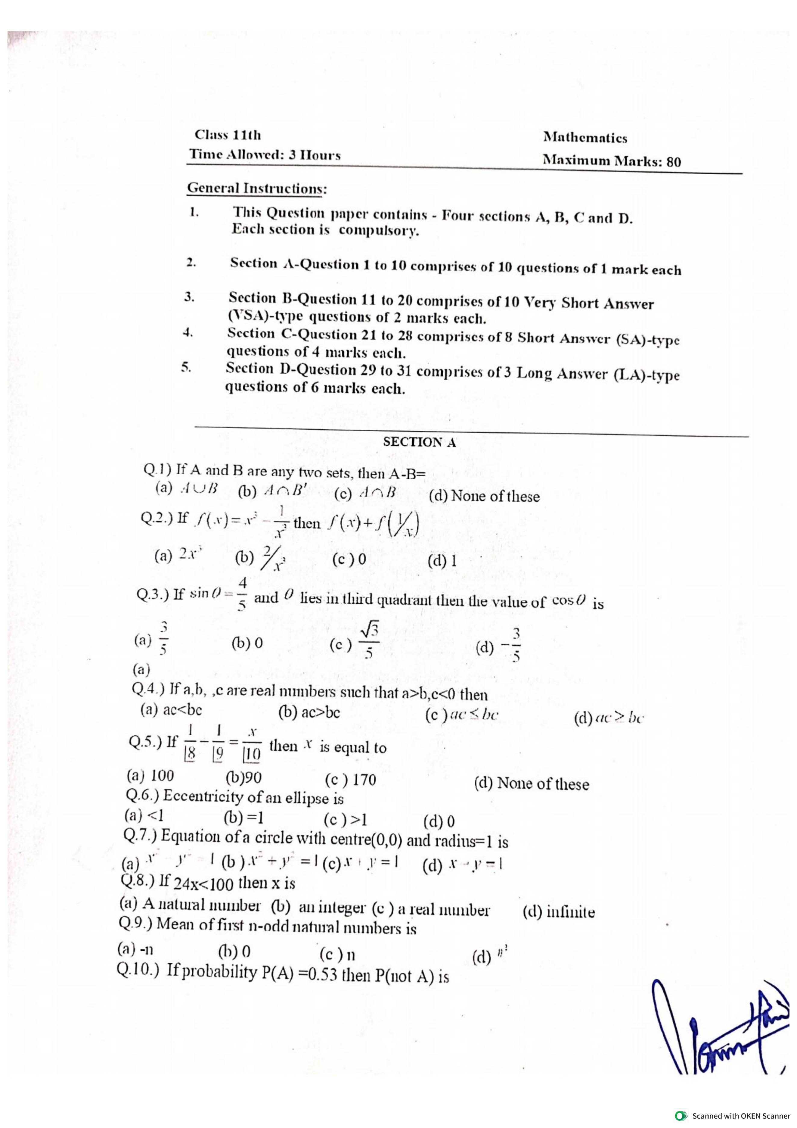JKBOSE Class 11 Maths Model Question Paper - Page 1