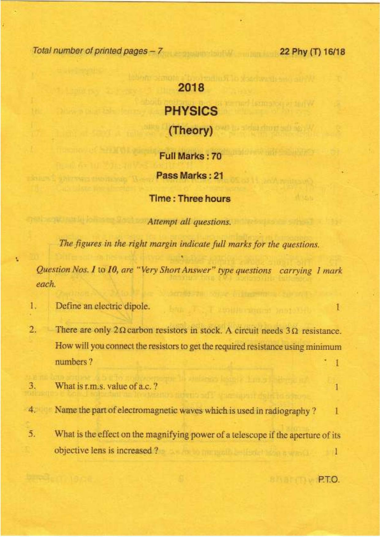 COHSEM Class 12 Physics 2018 Question Papers - Page 1