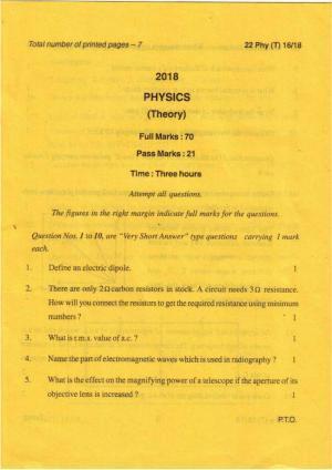 COHSEM Class 12 Physics 2018 Question Papers