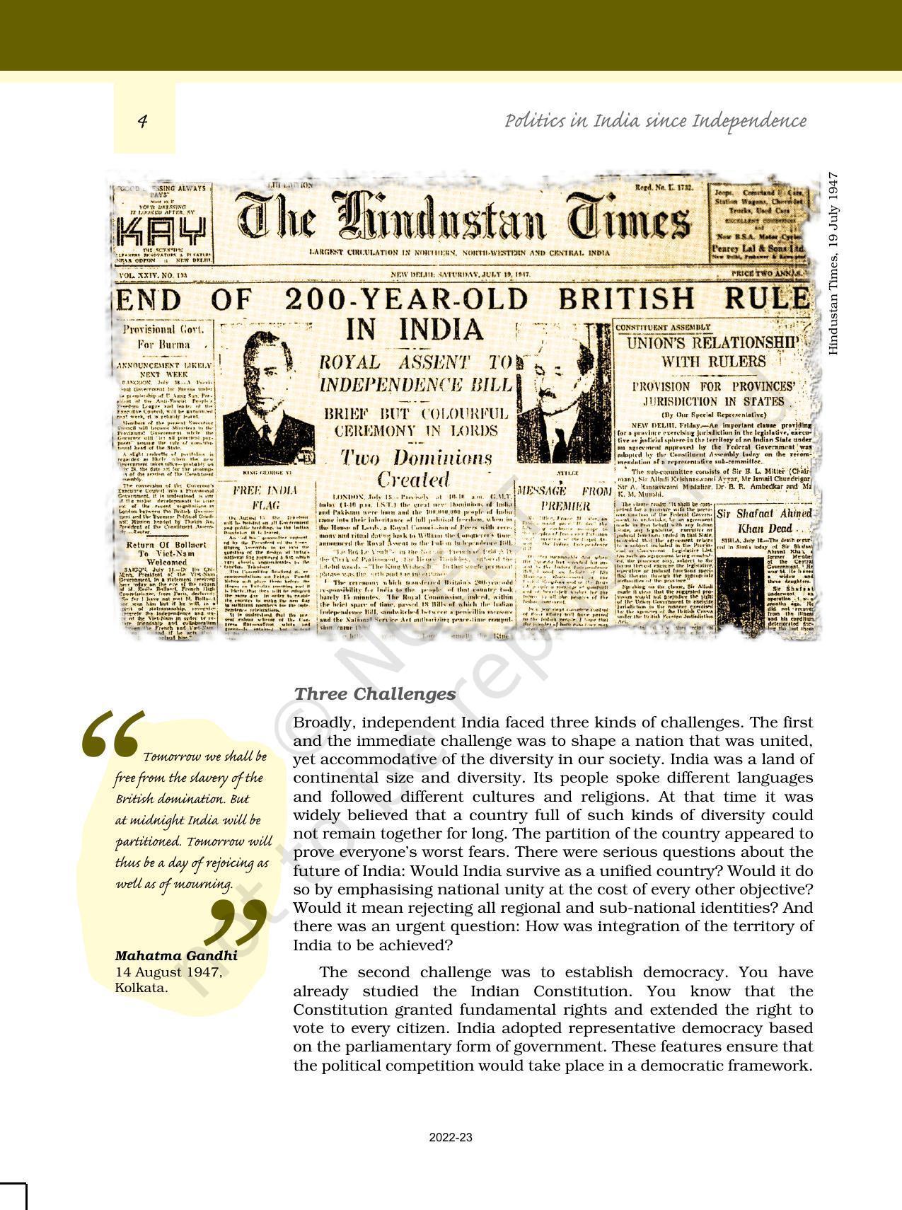 NCERT Book for Class 12 Political Science (Politics In India Since Independence) Chapter 1 Challenges of Nation BuildingNCERT Book for Class 12 Political Science (Politics In India Since Independence) Chapter 1 Challenges of Nation Building - Page 3