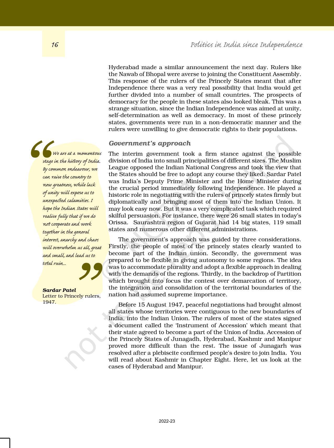 NCERT Book for Class 12 Political Science (Politics In India Since Independence) Chapter 1 Challenges of Nation BuildingNCERT Book for Class 12 Political Science (Politics In India Since Independence) Chapter 1 Challenges of Nation Building - Page 15