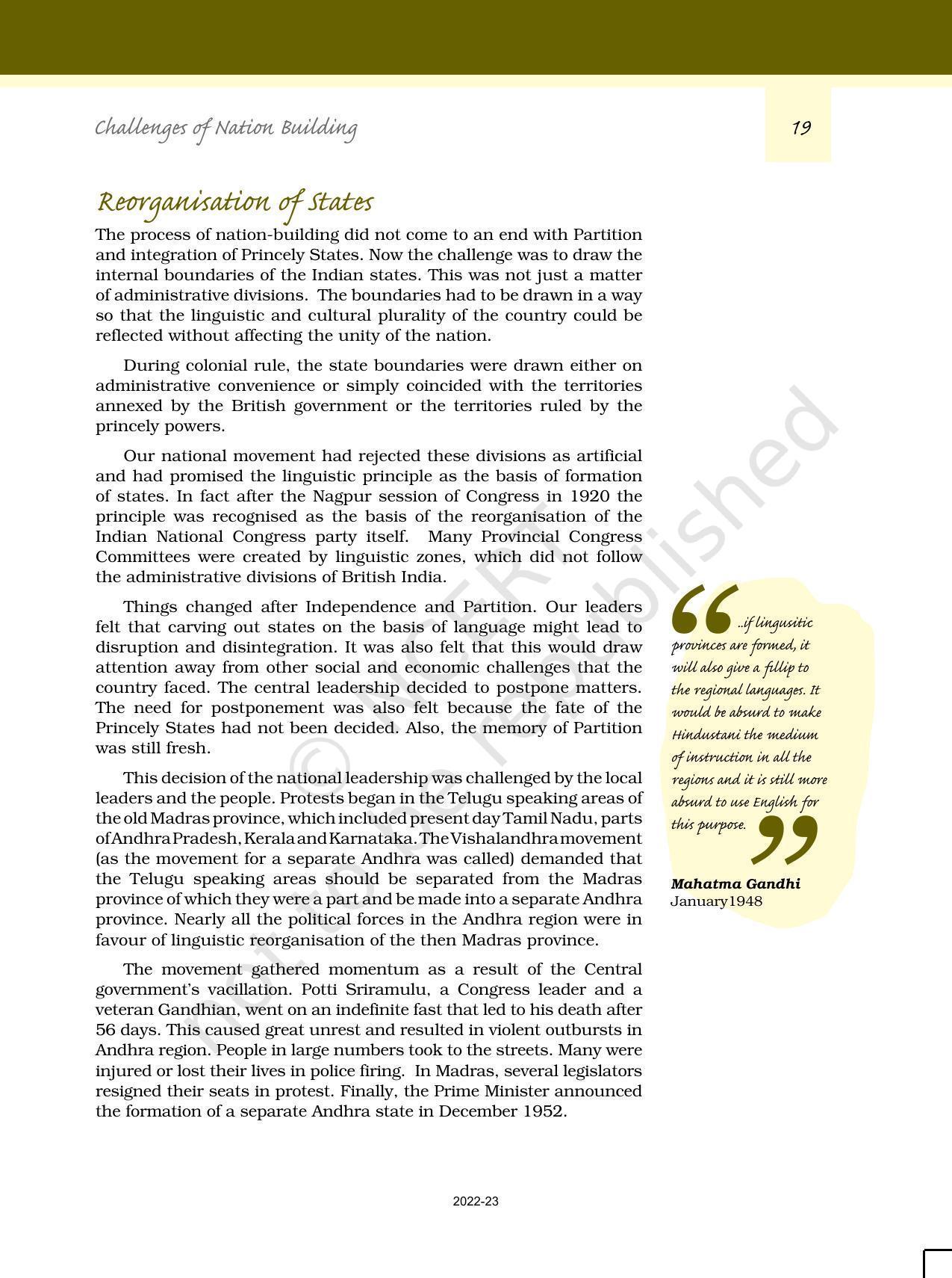 NCERT Book for Class 12 Political Science (Politics In India Since Independence) Chapter 1 Challenges of Nation BuildingNCERT Book for Class 12 Political Science (Politics In India Since Independence) Chapter 1 Challenges of Nation Building - Page 18