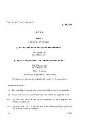 Meghalaya Board (MBOSE) Class 10 GARO 2018 Question Paper