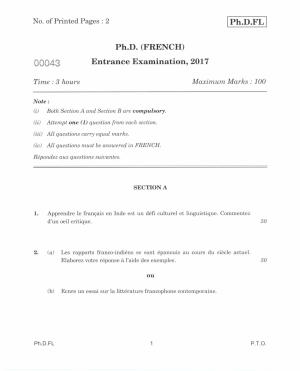 IGNOU PhD Entrance Test Ph.D. (French) 2017 Question Paper