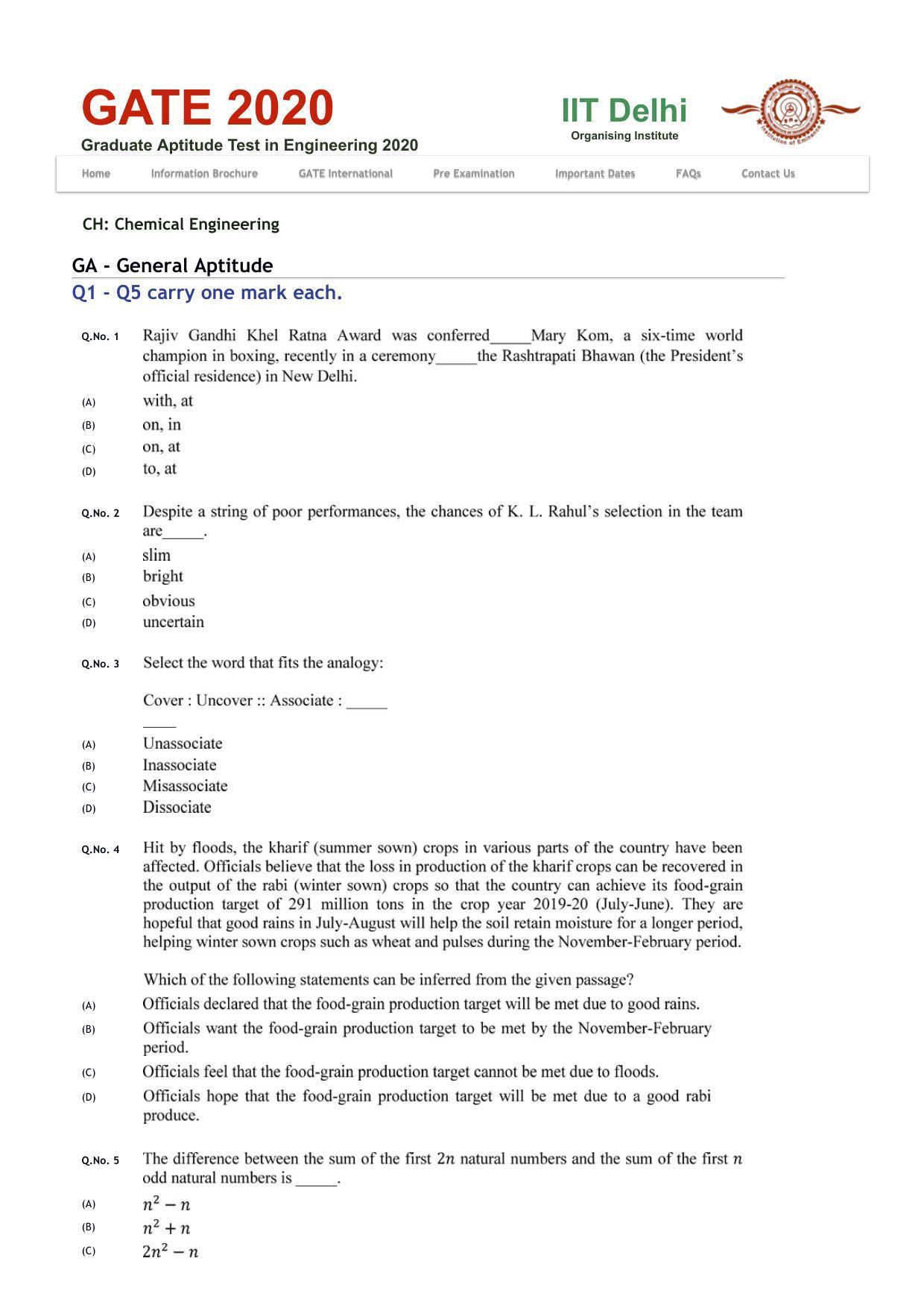 GATE 2020 Chemical Engineering (CH) Question Paper - Page 1