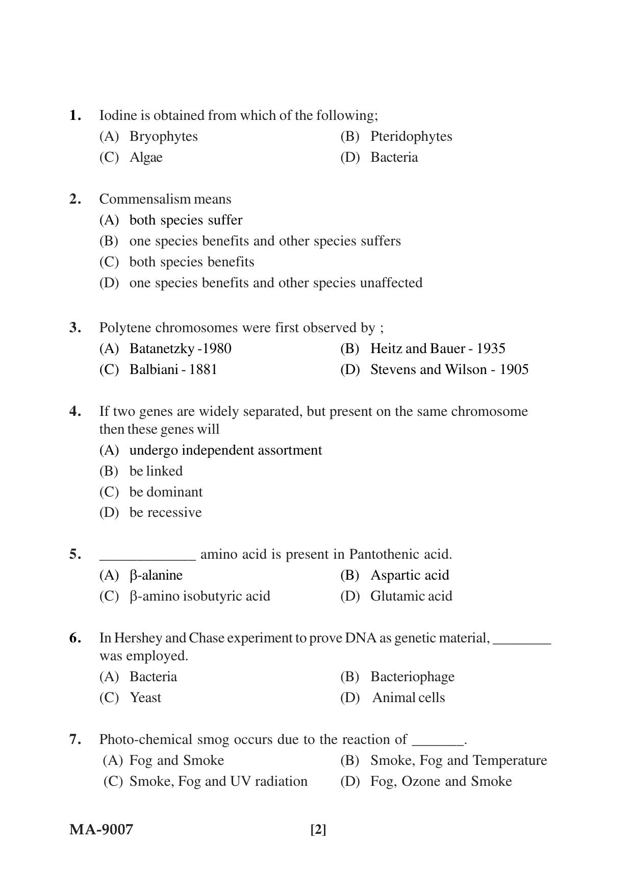 Mysore University PG Entrance Exam 2022: M.Sc. Group - I (Life Science) Question Paper - Page 2