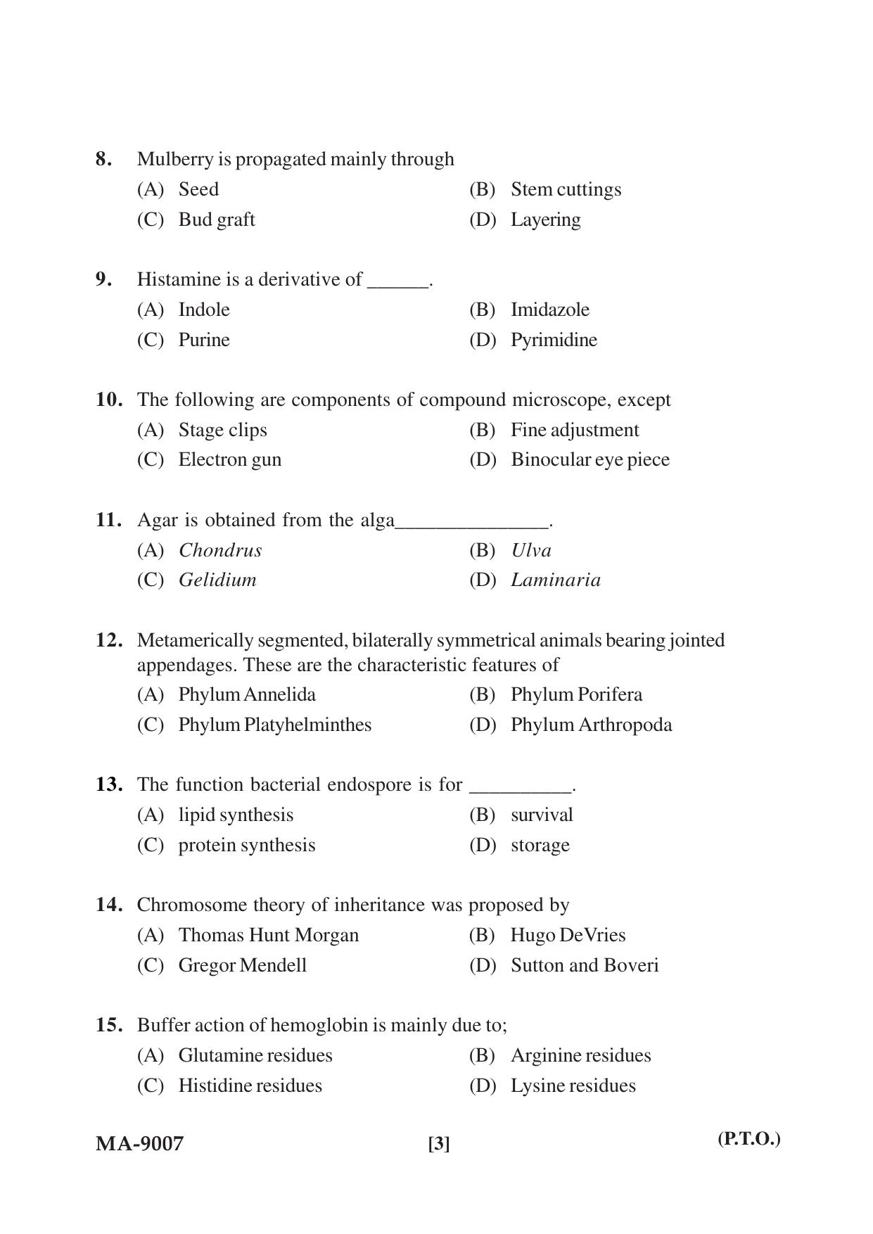 Mysore University PG Entrance Exam 2022: M.Sc. Group - I (Life Science) Question Paper - Page 3