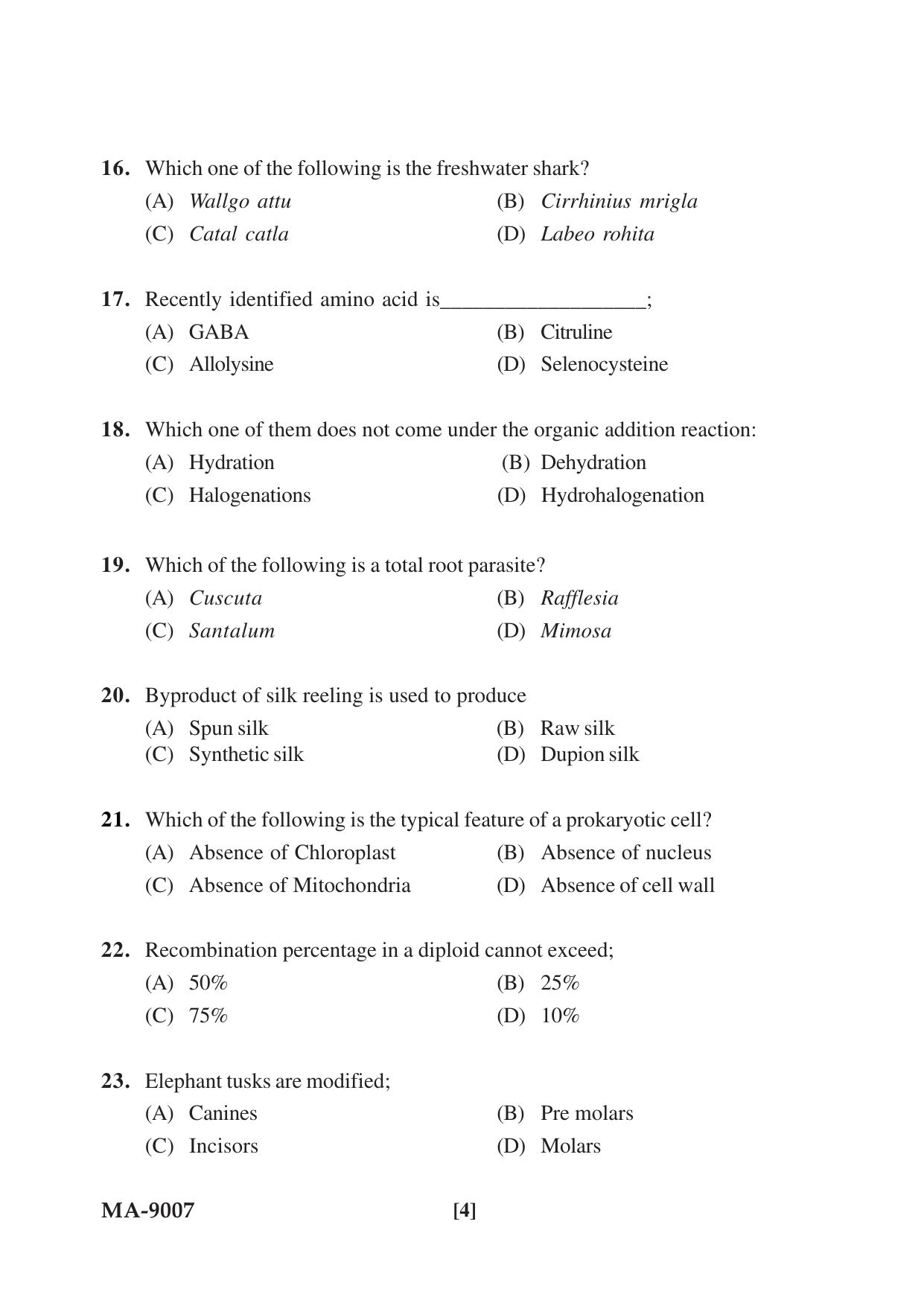 Mysore University PG Entrance Exam 2022: M.Sc. Group - I (Life Science) Question Paper - Page 4