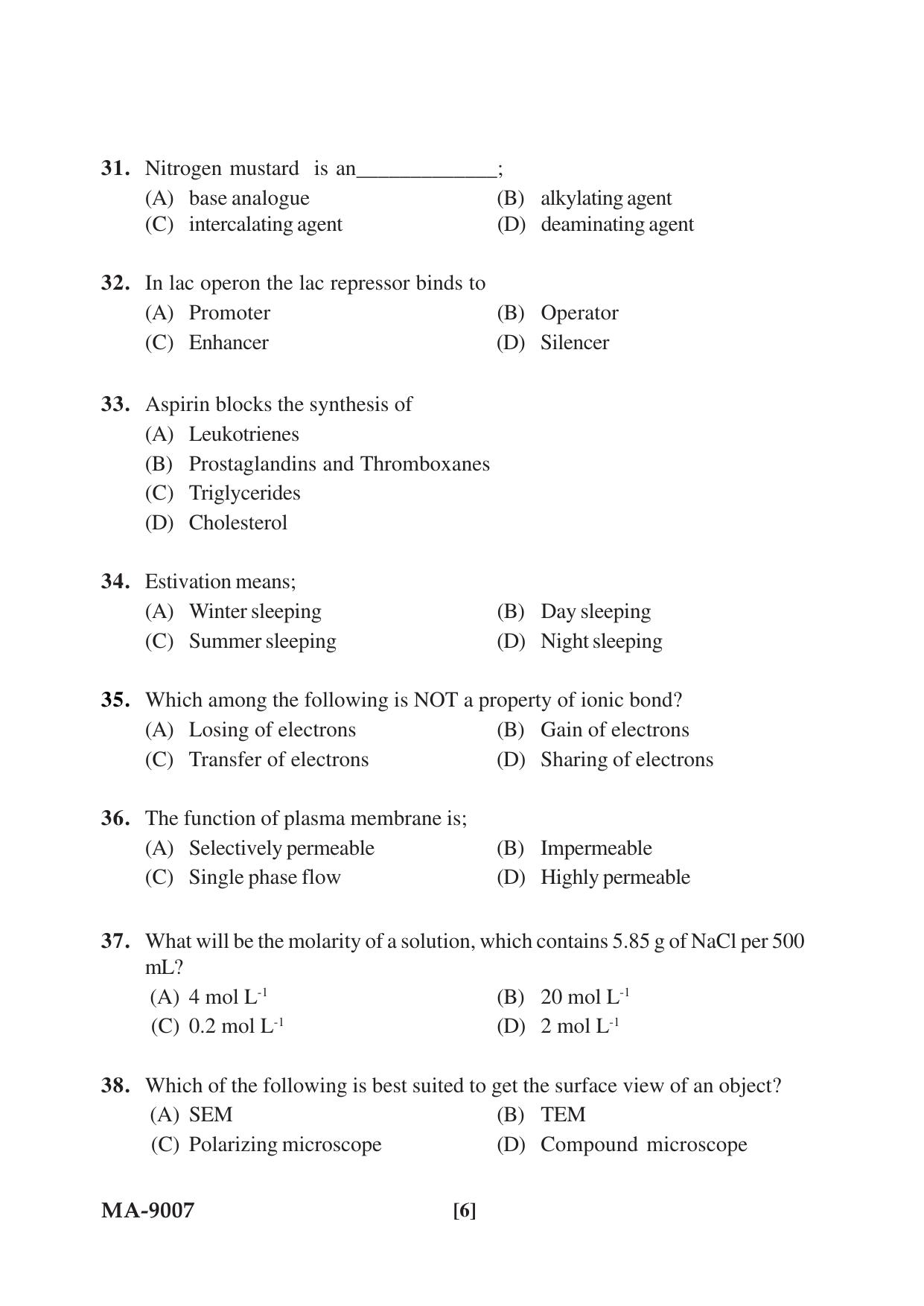 Mysore University PG Entrance Exam 2022: M.Sc. Group - I (Life Science) Question Paper - Page 6