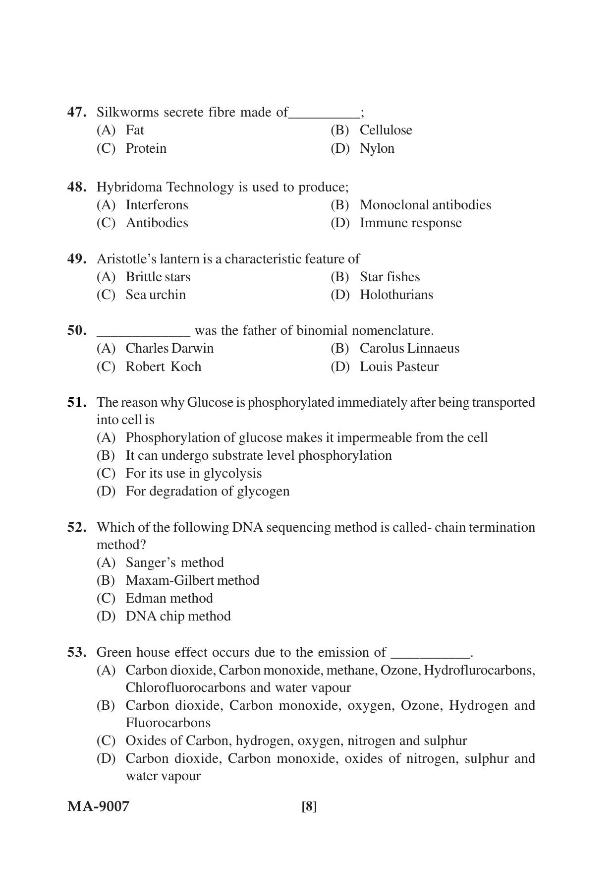 Mysore University PG Entrance Exam 2022: M.Sc. Group - I (Life Science) Question Paper - Page 8