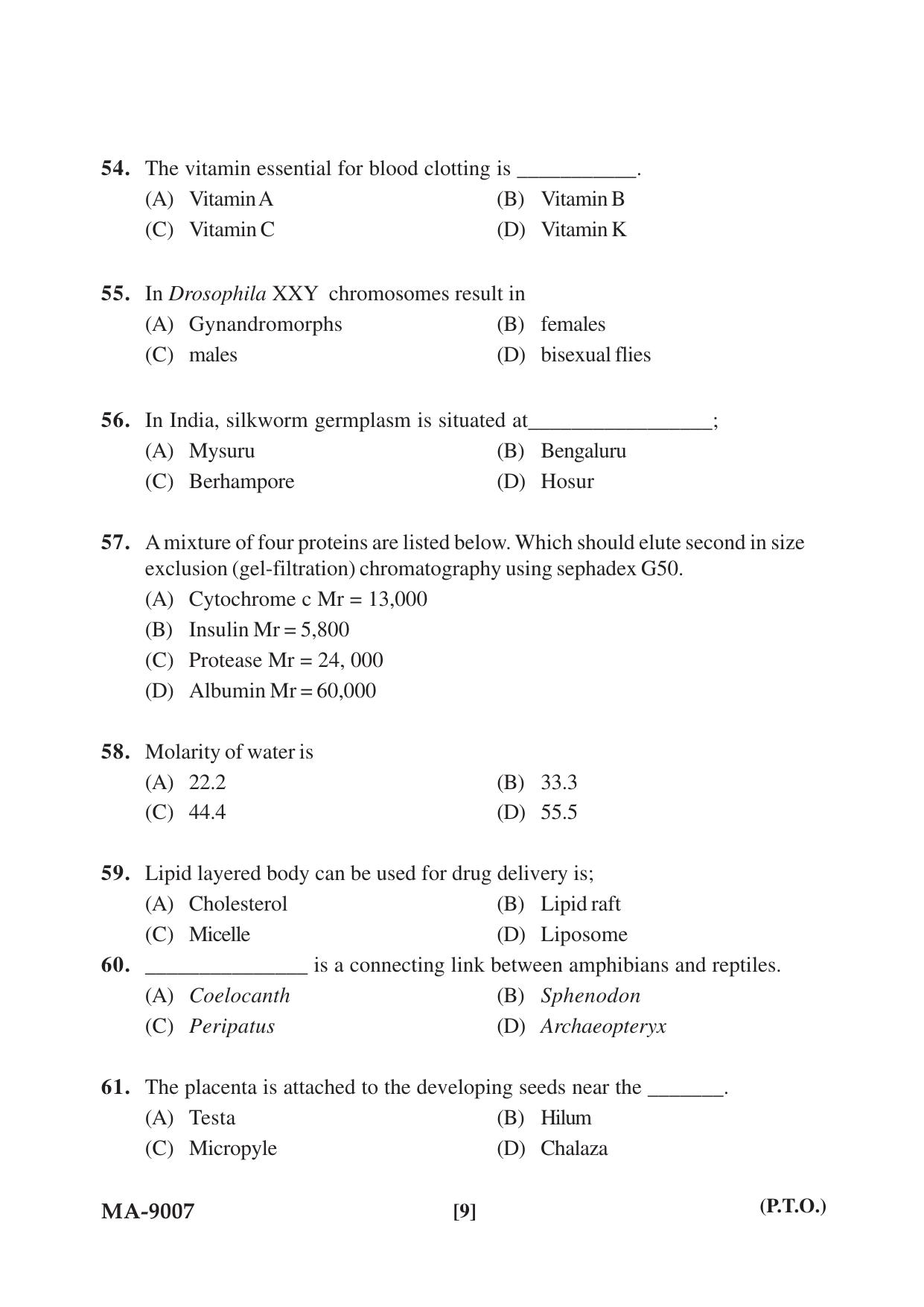 Mysore University PG Entrance Exam 2022: M.Sc. Group - I (Life Science) Question Paper - Page 9