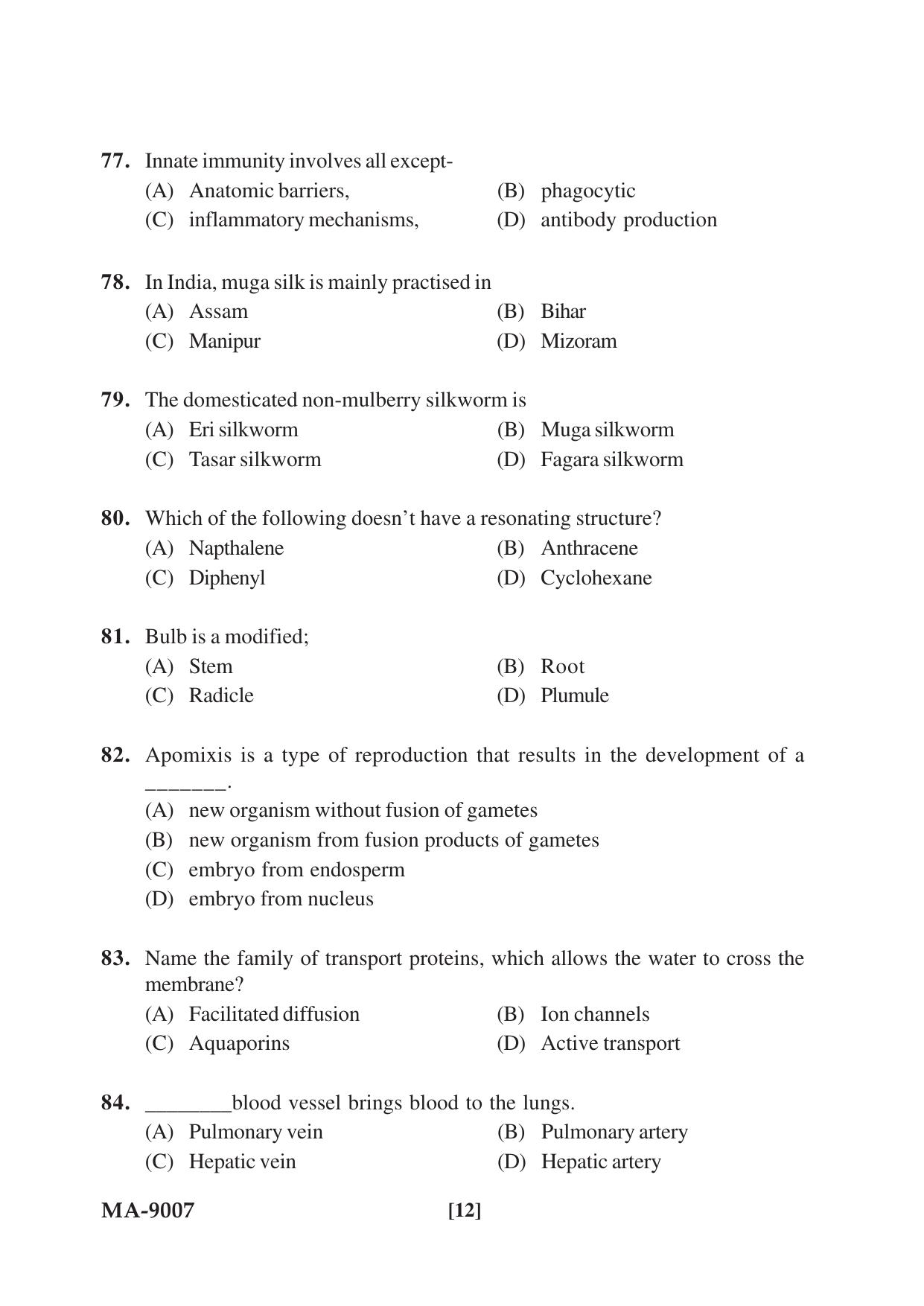 Mysore University PG Entrance Exam 2022: M.Sc. Group - I (Life Science) Question Paper - Page 12
