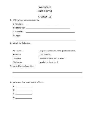 Worksheet for Class 3 EVS Assignment 86 Chapter 12