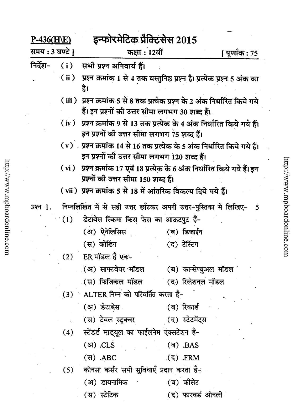 MP Board Class 12 Informatics Practices 2015 Question Paper - Page 1