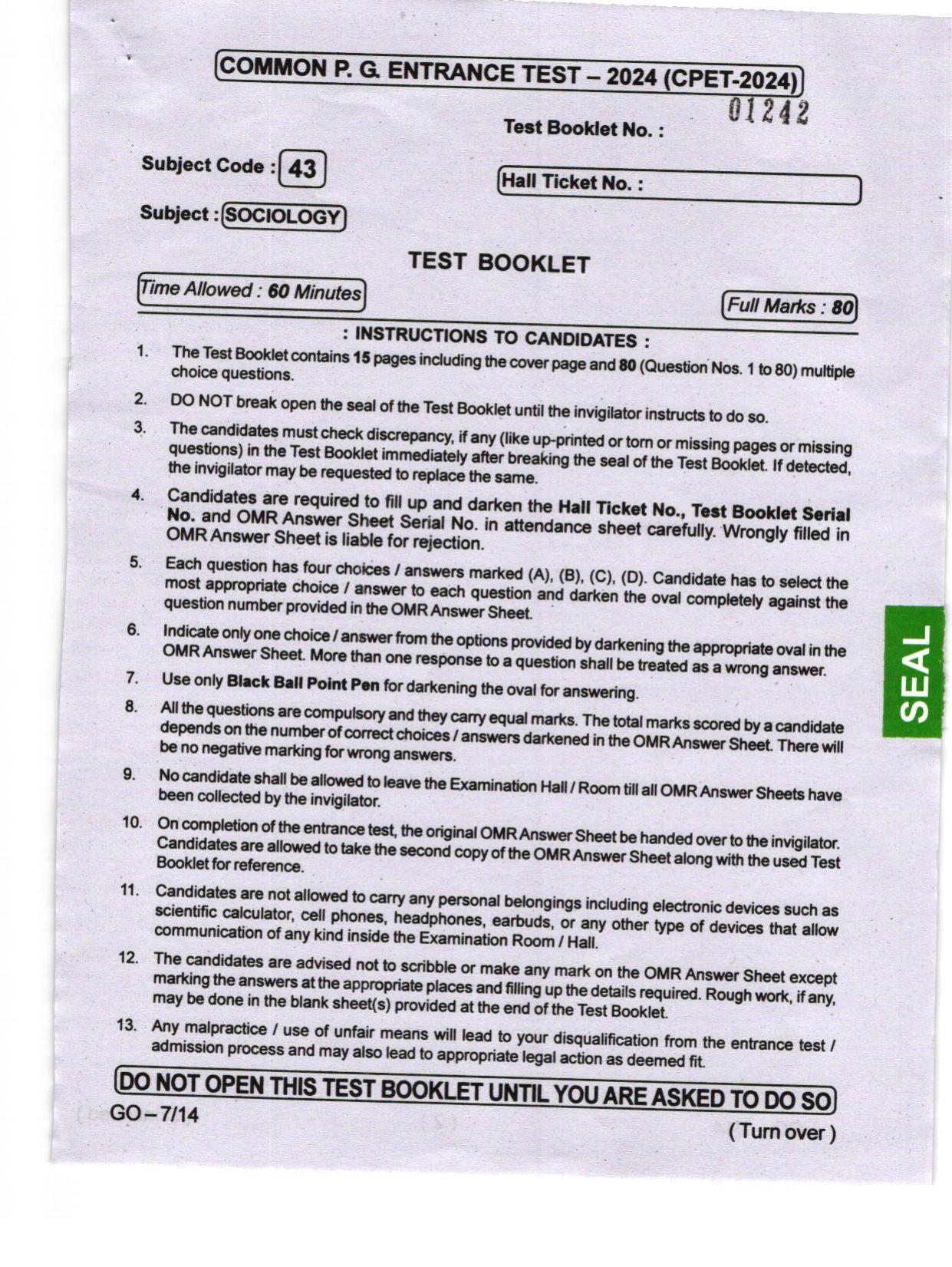 Odisha CPET 2024 SOCIOLOGY Question Papers - Page 1