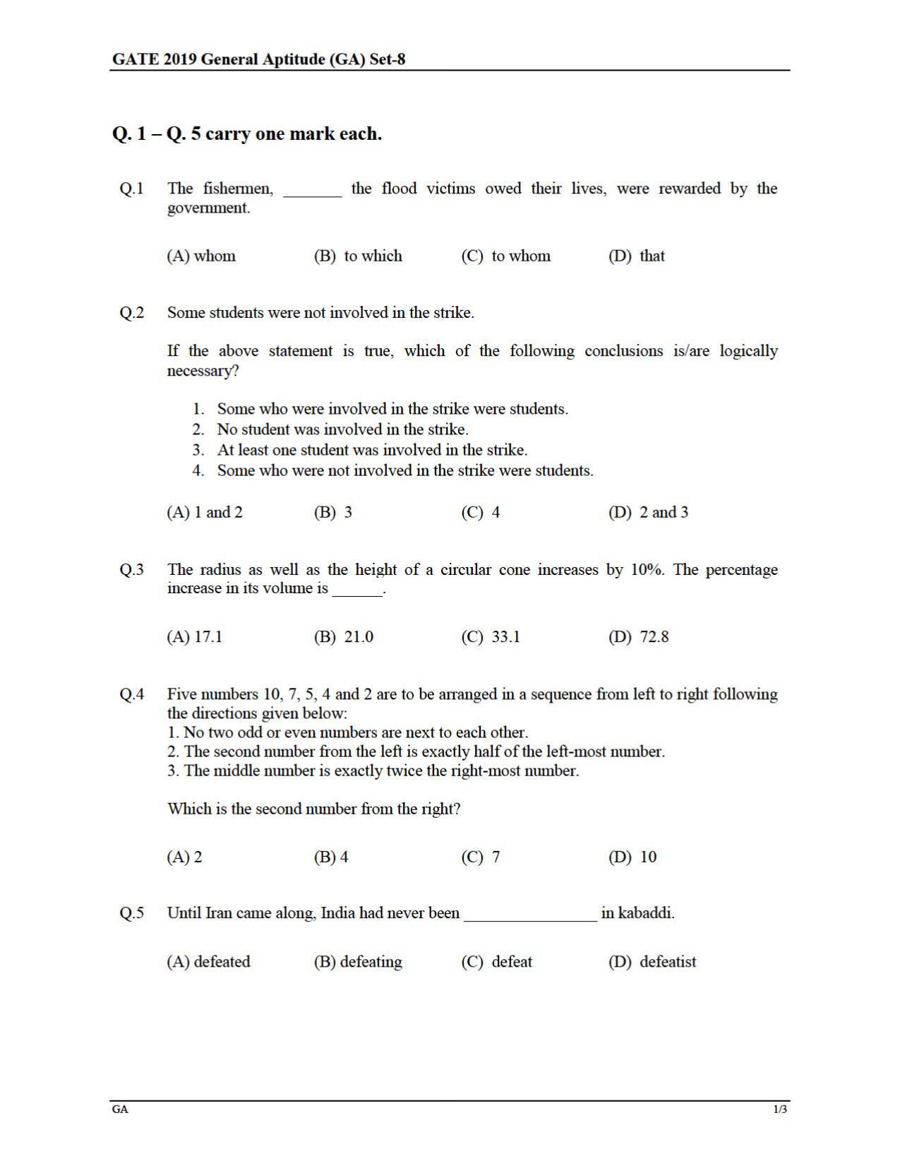 GATE 2019 Aerospace Engineering (AE) Question Paper - Page 1