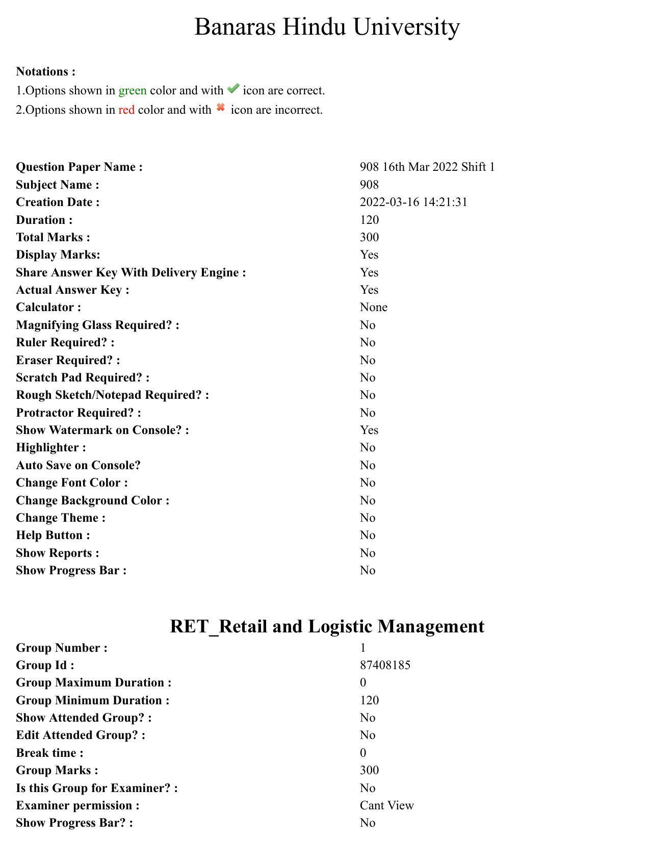 BHU RET Retail and Logistic Management 2021 Question Paper - Page 1