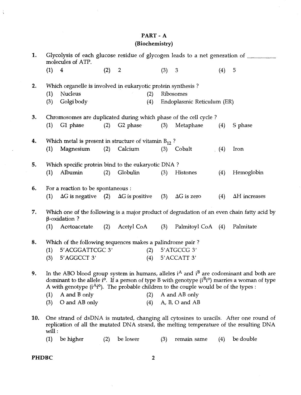 IGNOU PhD Entrance Test Ph.D. (Biochemistry) Programme 2016 Question Paper - Page 2