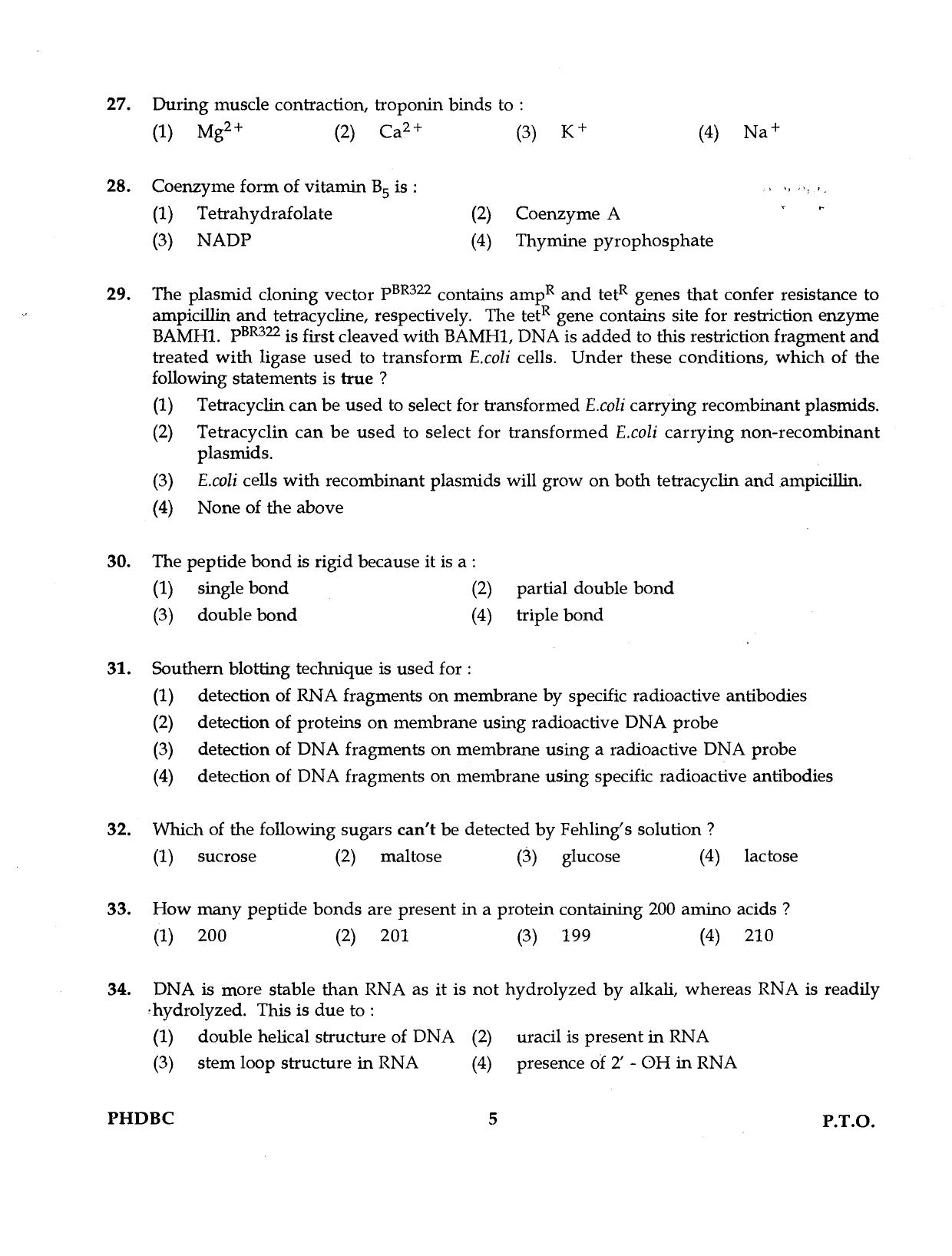 IGNOU PhD Entrance Test Ph.D. (Biochemistry) Programme 2016 Question Paper - Page 5