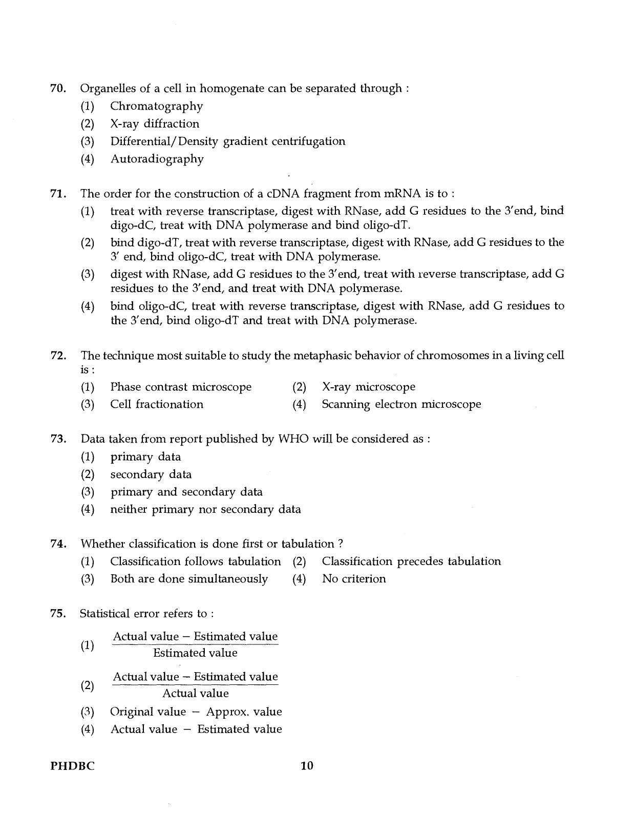 IGNOU PhD Entrance Test Ph.D. (Biochemistry) Programme 2016 Question Paper - Page 10