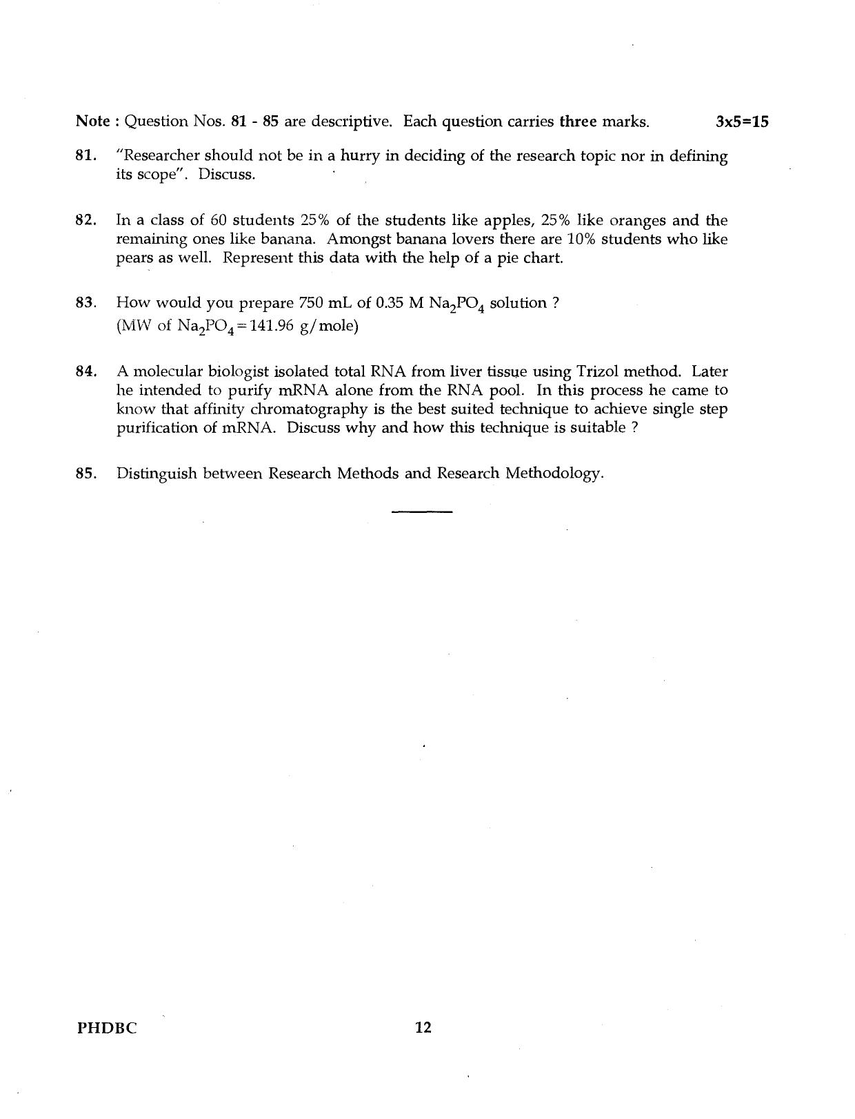 IGNOU PhD Entrance Test Ph.D. (Biochemistry) Programme 2016 Question Paper - Page 12
