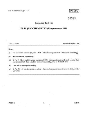 IGNOU PhD Entrance Test Ph.D. (Biochemistry) Programme 2016 Question Paper