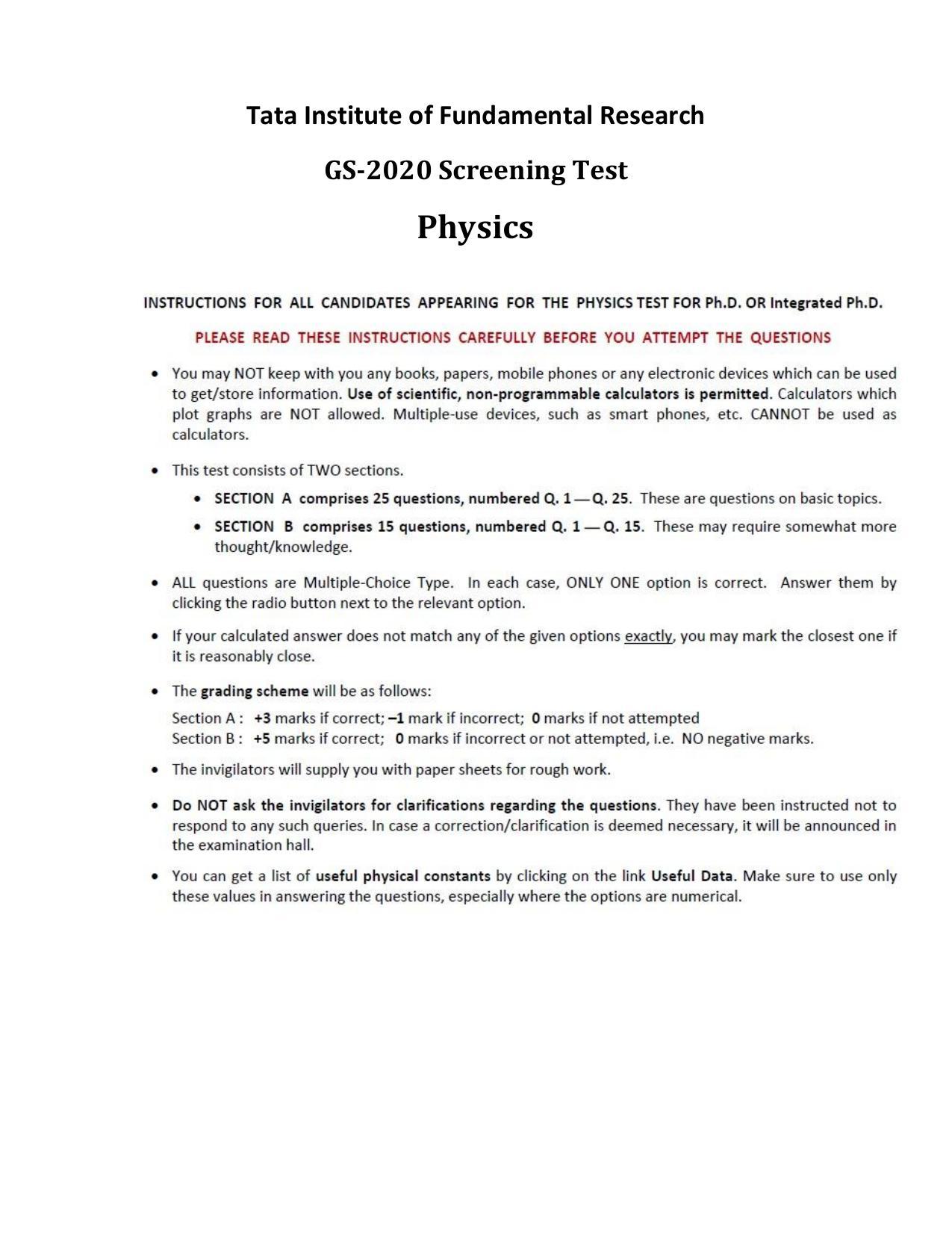 TIFR GS 2020 Physics Question Paper - Page 1