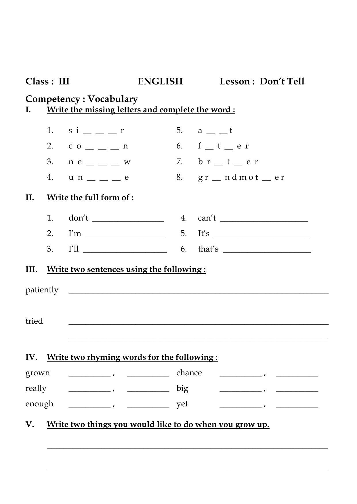 Worksheet for Class 3 English Don’t Tell Assignment II - Page 1