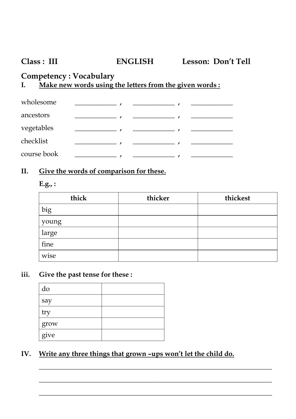 Worksheet for Class 3 English Don’t Tell Assignment II - Page 2