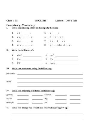 Worksheet for Class 3 English Don’t Tell Assignment II