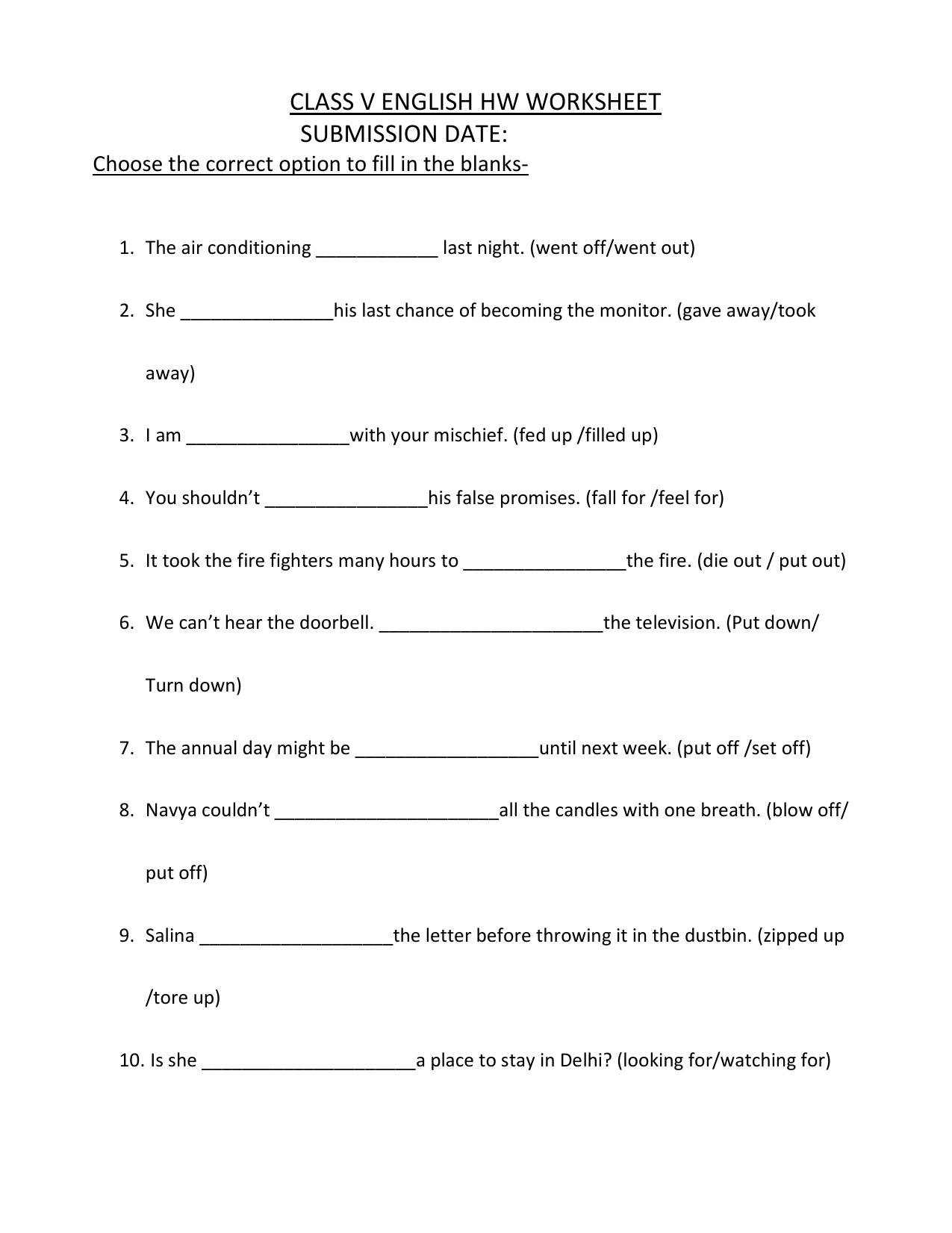 Worksheet for Class 5 English Assignment 44 - Page 1
