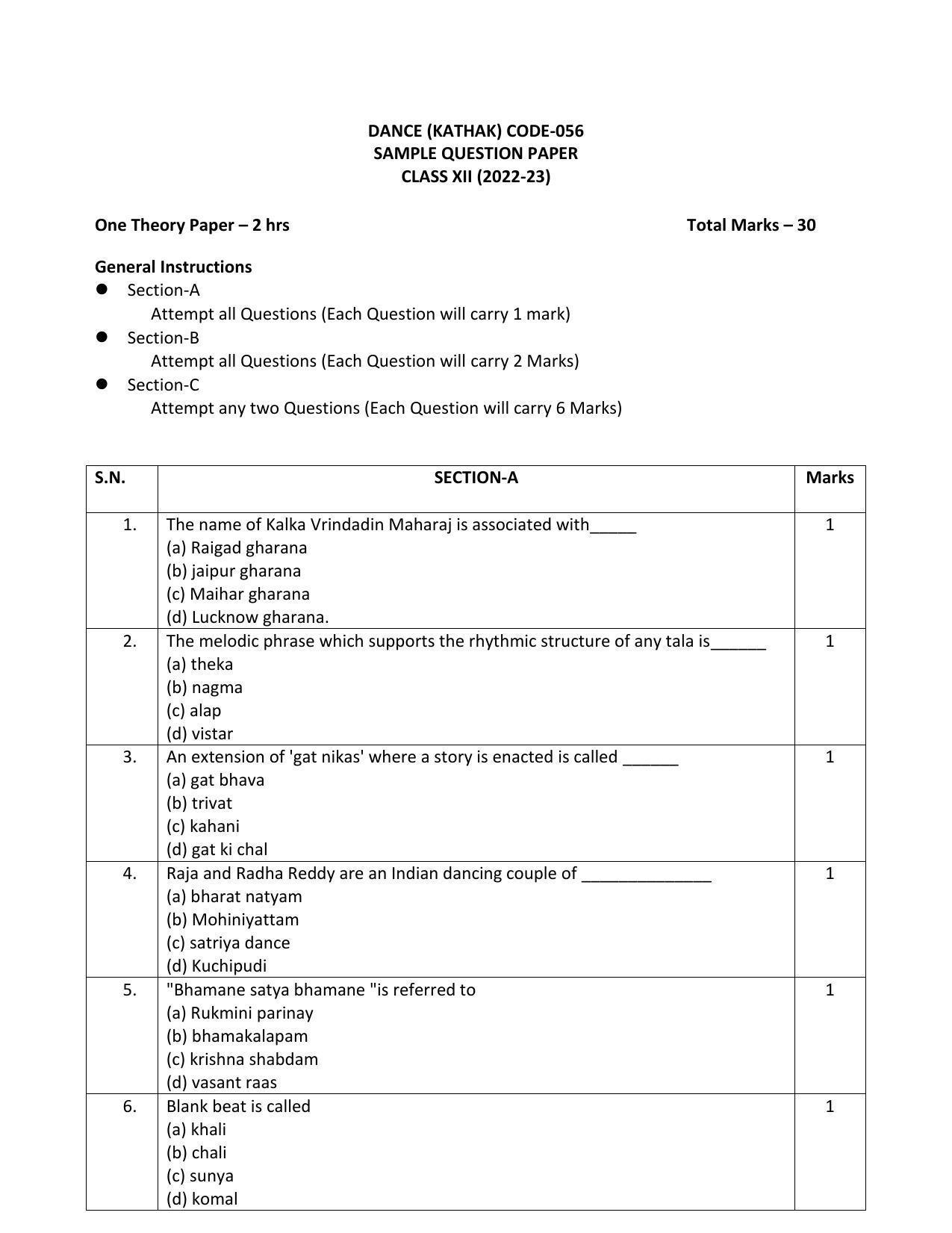 CBSE Class 12 Kathak Sample Paper 2023 - Page 1