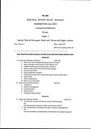 Bilaspur University Question Paper June 2022:M.Sc. Botany (Fourth Semester) Plant Cell,Tissue & Organ Culture Paper 1