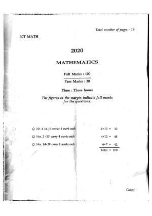 Assam HS 2nd Year Mathematics 2020 Question Paper