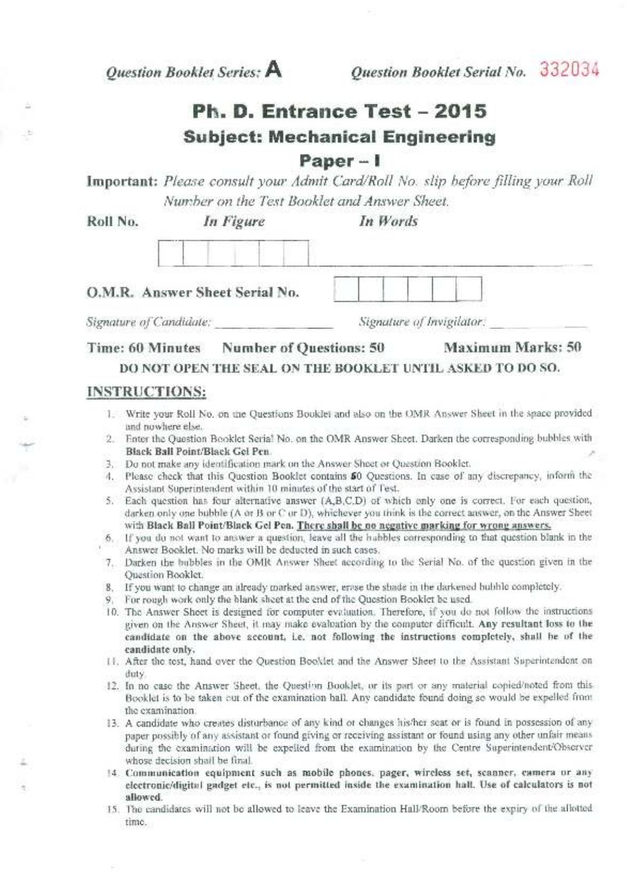 PU MPET Mechanical Engineering 2015 Question Paper - Page 1