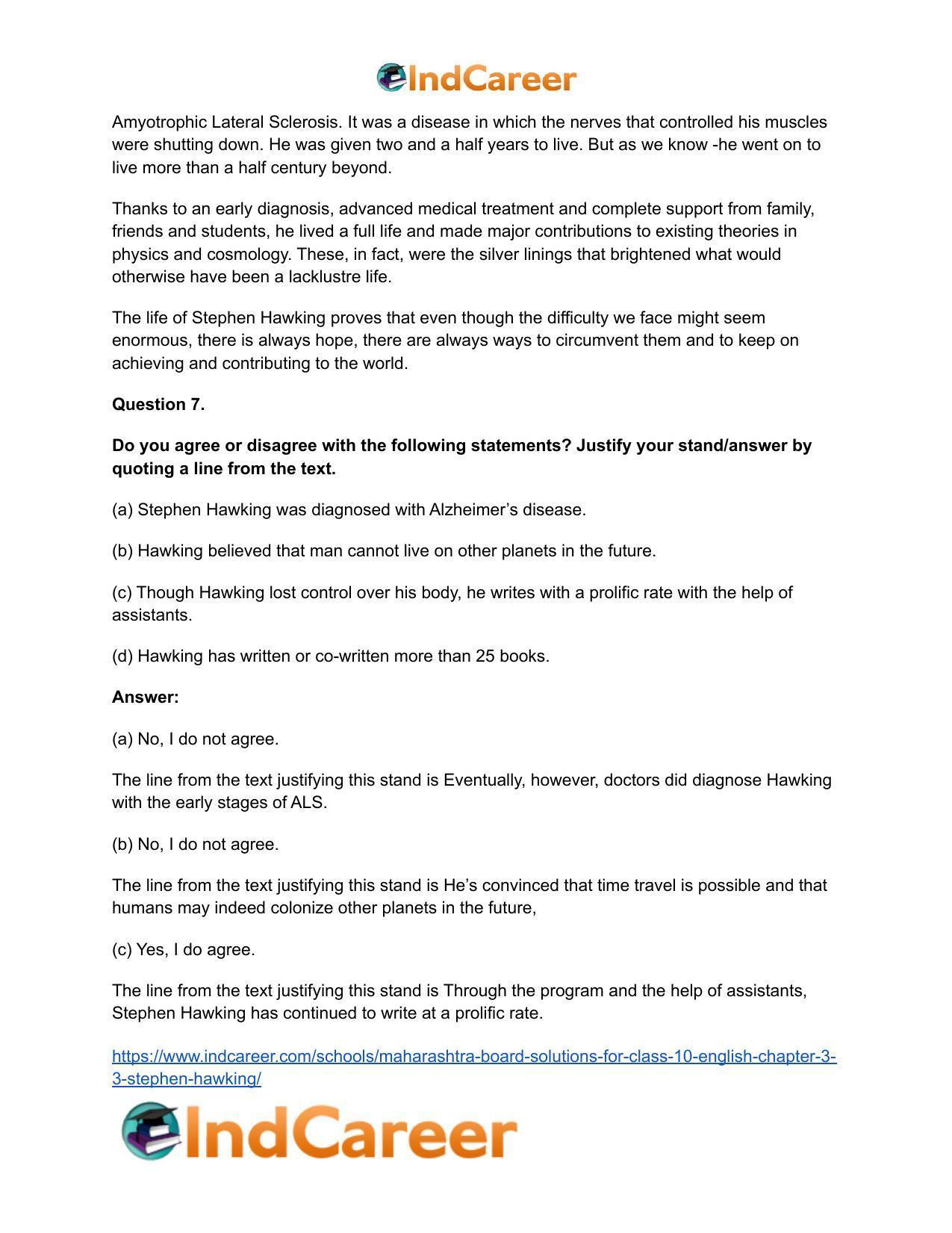 Maharashtra Board Solutions for Class 10- English: Chapter 3.3- Stephen Hawking - Page 13