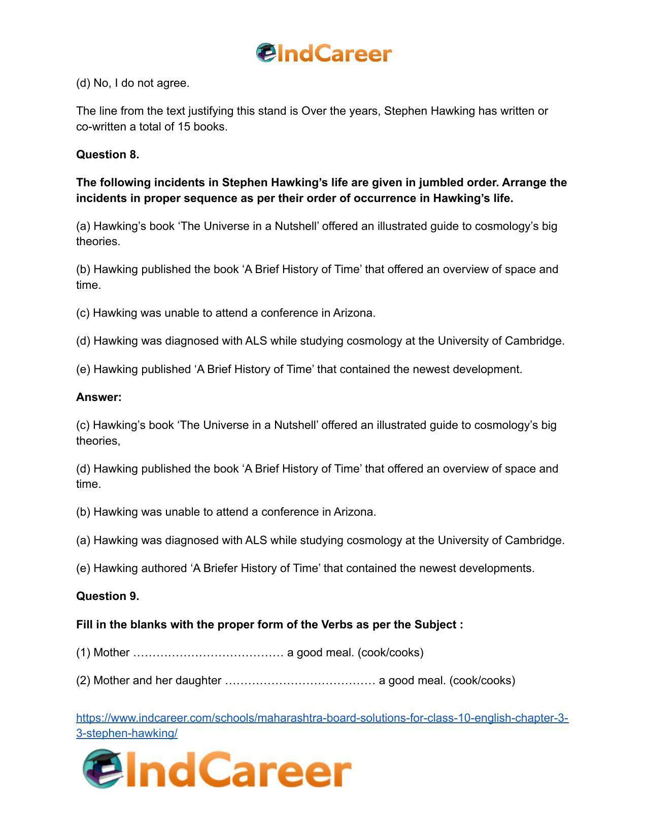 Maharashtra Board Solutions for Class 10- English: Chapter 3.3- Stephen Hawking - Page 14