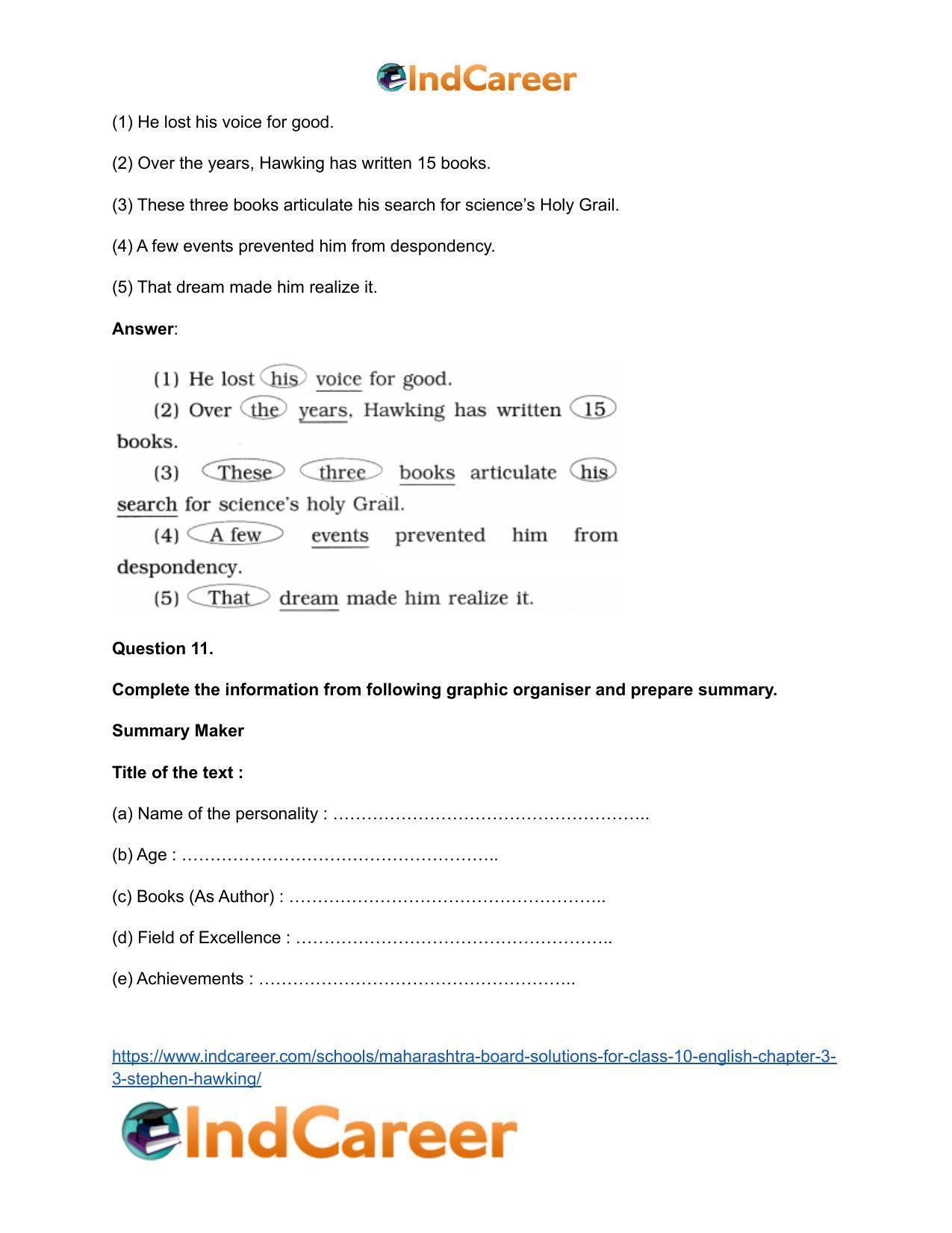 Maharashtra Board Solutions for Class 10- English: Chapter 3.3- Stephen Hawking - Page 16