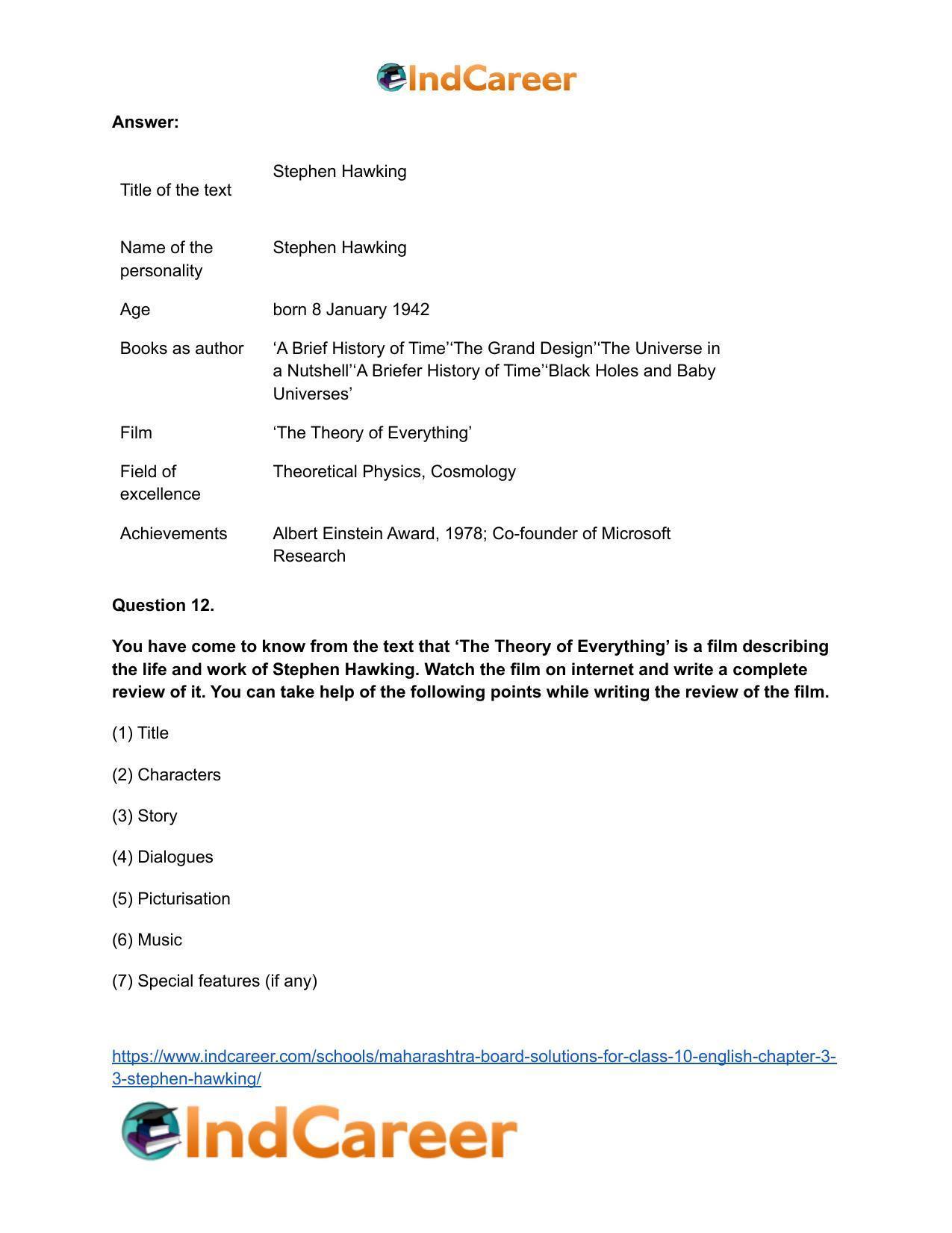 Maharashtra Board Solutions for Class 10- English: Chapter 3.3- Stephen Hawking - Page 17